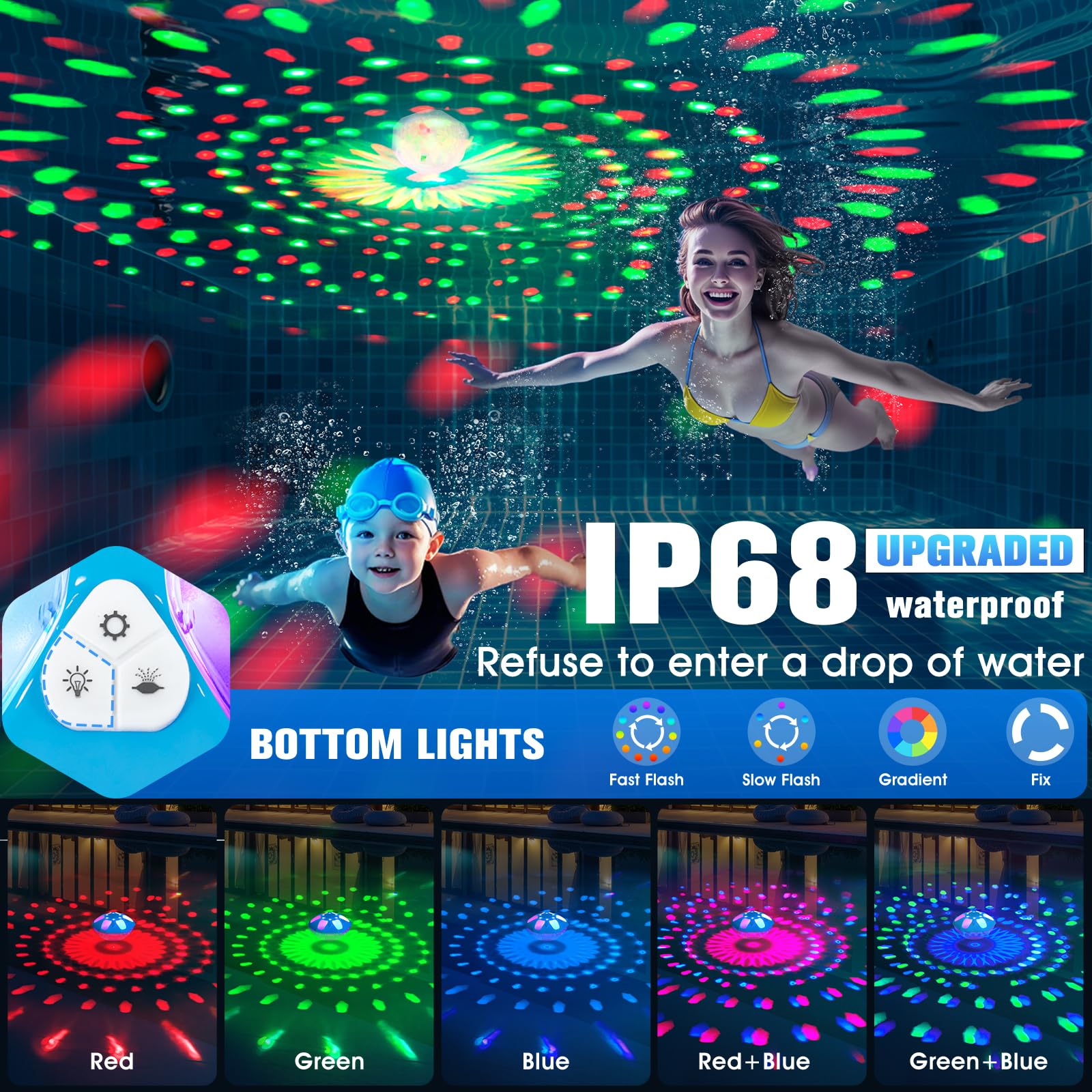 KingSom 2026 Verbesserter Springbrunnen Pool Schwimmend mit Obere & Untere LED-Licht, IP68 Wiederaufladbare Pool Springbrunnen mit Anker, 2 Sprühmodi Pools Fontäne Schwimmend für Außen Pools
