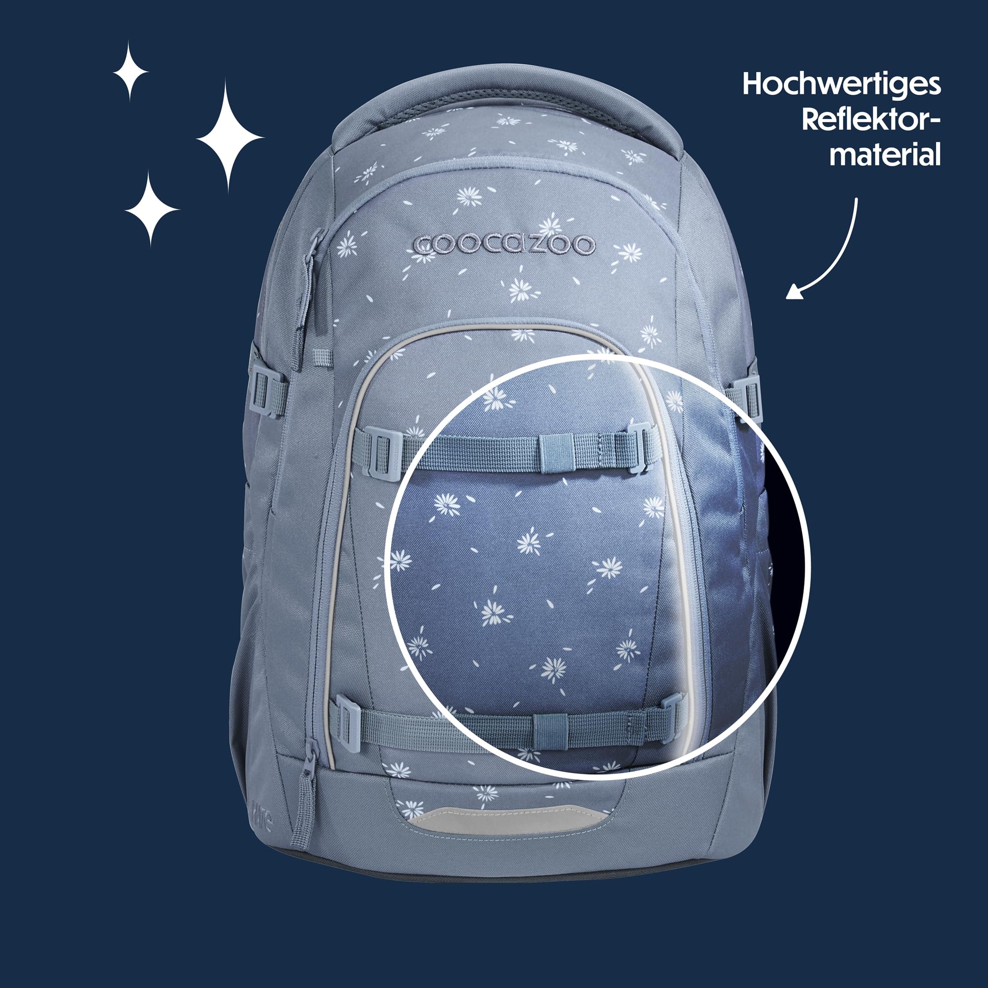 coocazoo Mate Schulrucksack „Bloomy Daisy”, hellgrau, ergonomischer & anpassbarer Tornister, höhen- & größenverstellbar, mit Brustgurt & Hüftgurt, ab der 3. Klasse