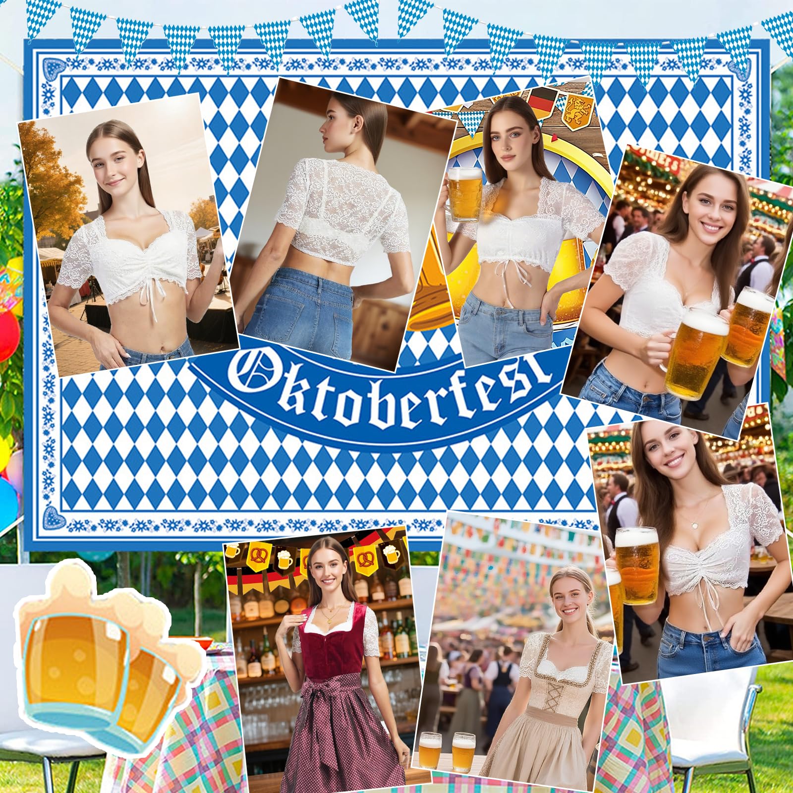 Dirndl Camicetta Donna in Pizzo Bianco per Oktoberfest, Blusa Tradizionale Bavarese con Scollo a V e Maniche Corte, Elegante e Sexy