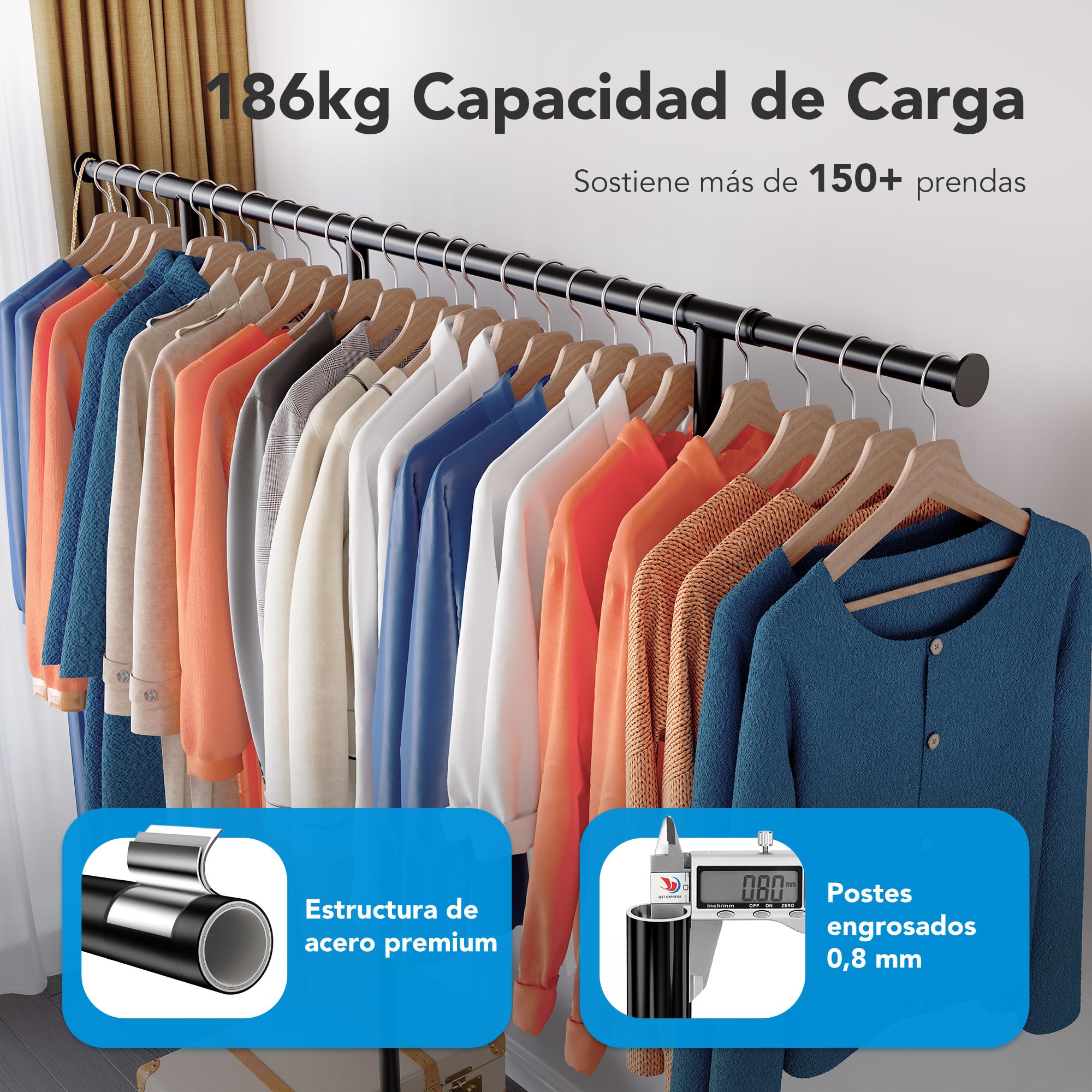 HOKEEPER Burro de Ropa Resistente de Doble Barra con Ruedas, 209kg, Altura Ajustable y Barra Extensible, Armario Móvil para Dormitorio, Boutique