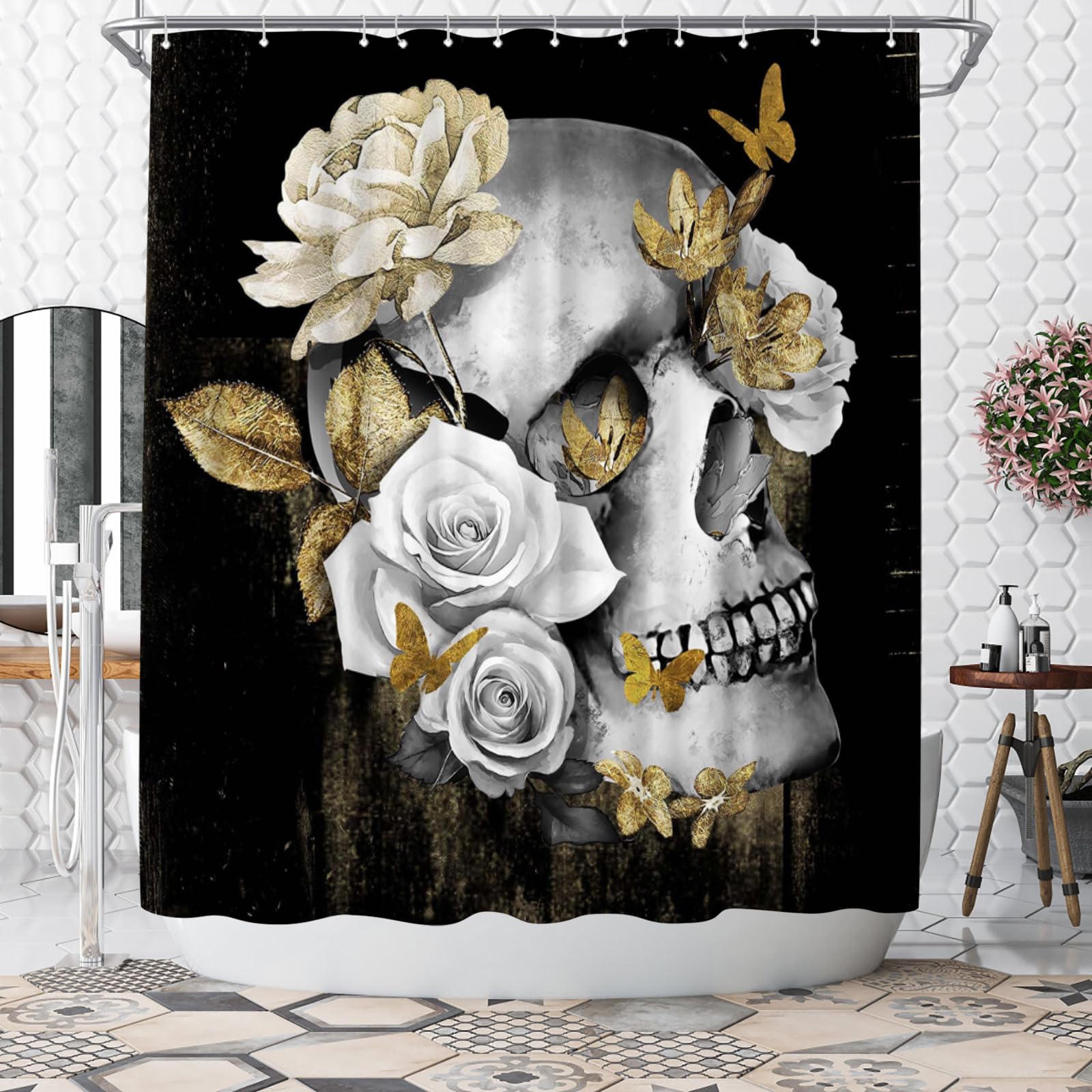 WELMECO Black and Gold Shower Curtain Skull Skeleton Shower Curtain Gothic Bathroom Decor Polyester Fabric, 72x72inch