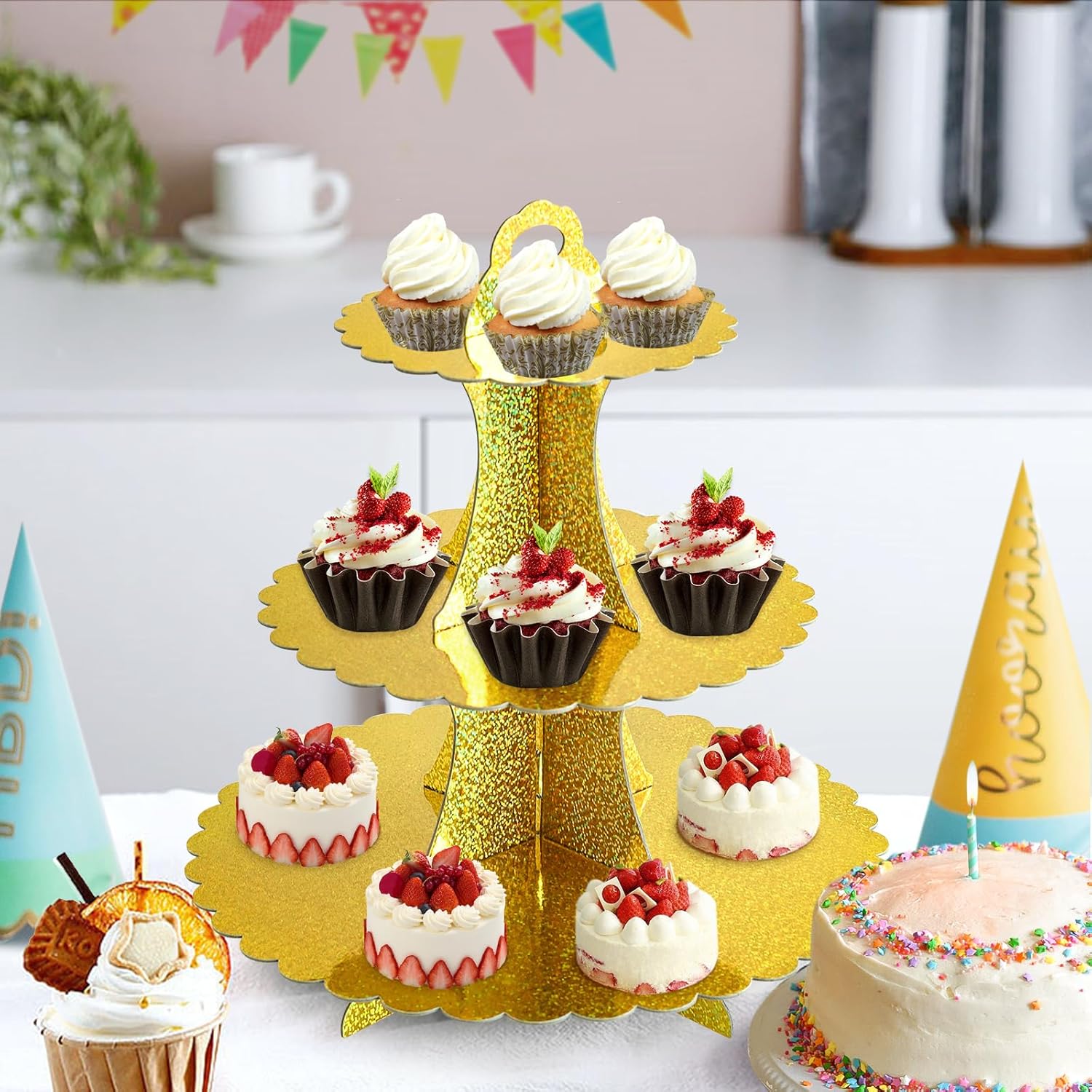 Soleebee 3-Tier Cupcake Stand, Cardboard Cupcake Tower, Dessert Cup Cake Stand Tower for Birthday Wedding Party Decoration, Cupcake Tier Stand 2 Set (Glitter Gold)