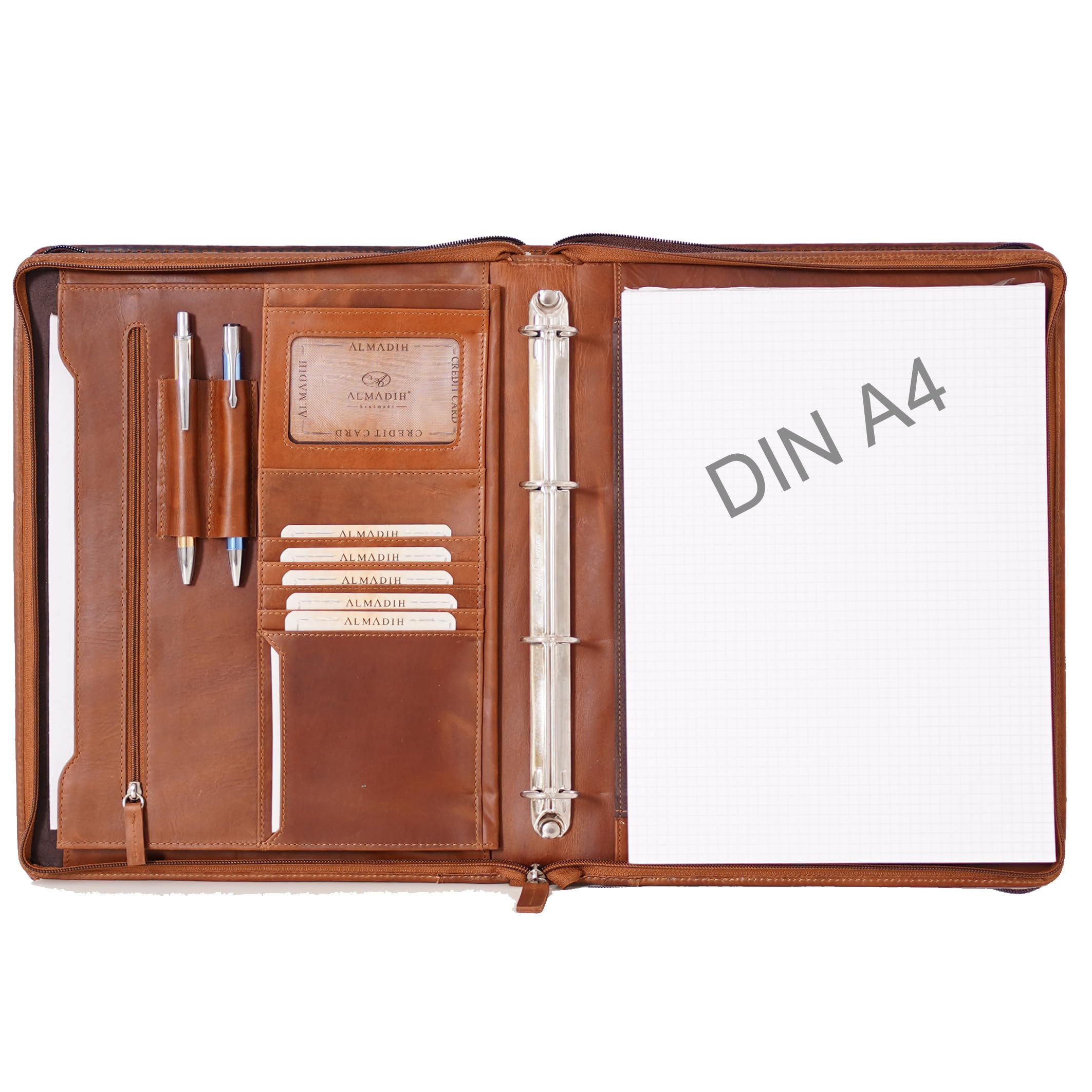 ALMADIH A4 Dokumentenmappe echt Leder mit Schreibblock BD Ledermappe Ringbuchmappe Mappe Schreibmappe Organizer Terminkalender Aktenmappe Konferenzmappe (Braun Deluxe)