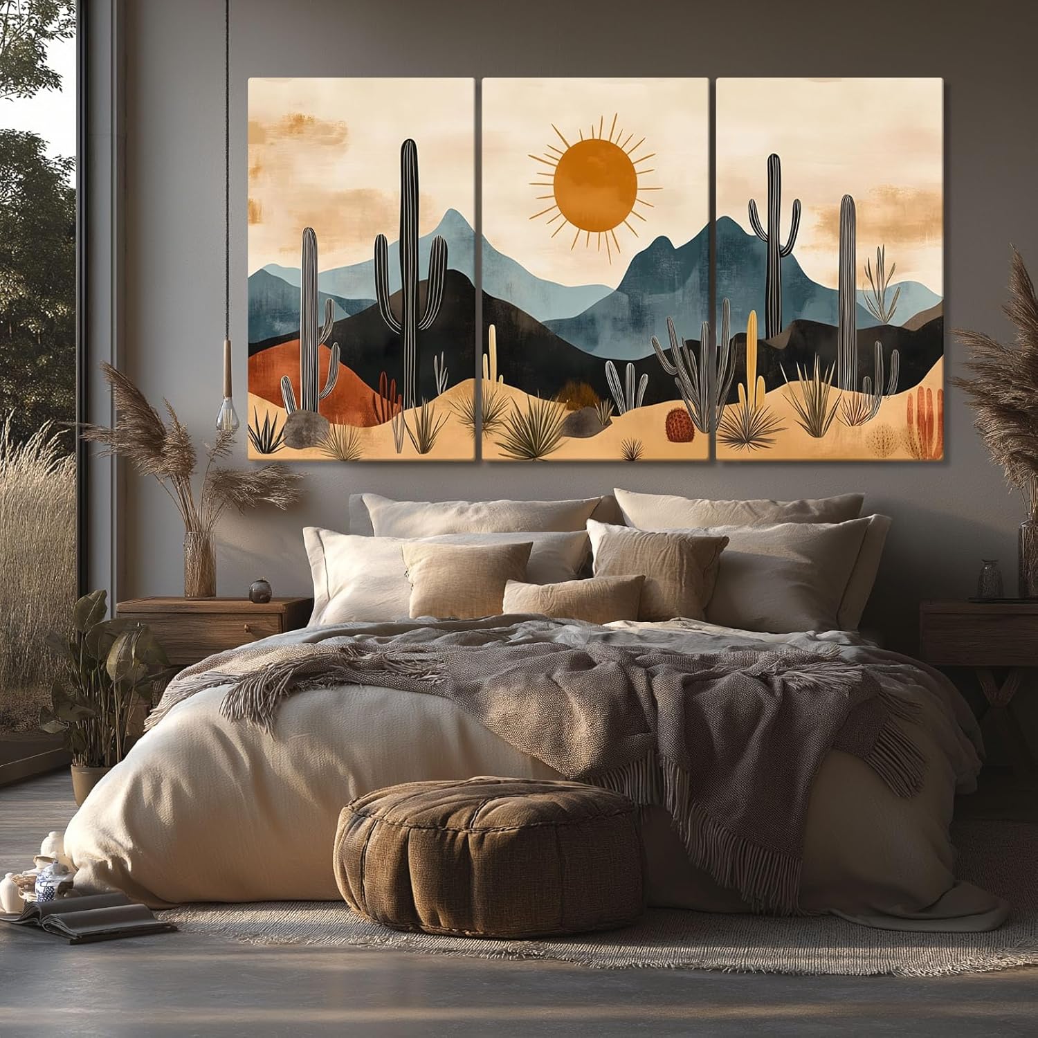 OSTCAL Desert Canvas Wall Art, Cactus Canvas Wall Art, Mid Century Modern Cactus Sun Pictures, Desert Landscape Decor, Boho Decorate, Artwork Hanging for Living room (24"x36")