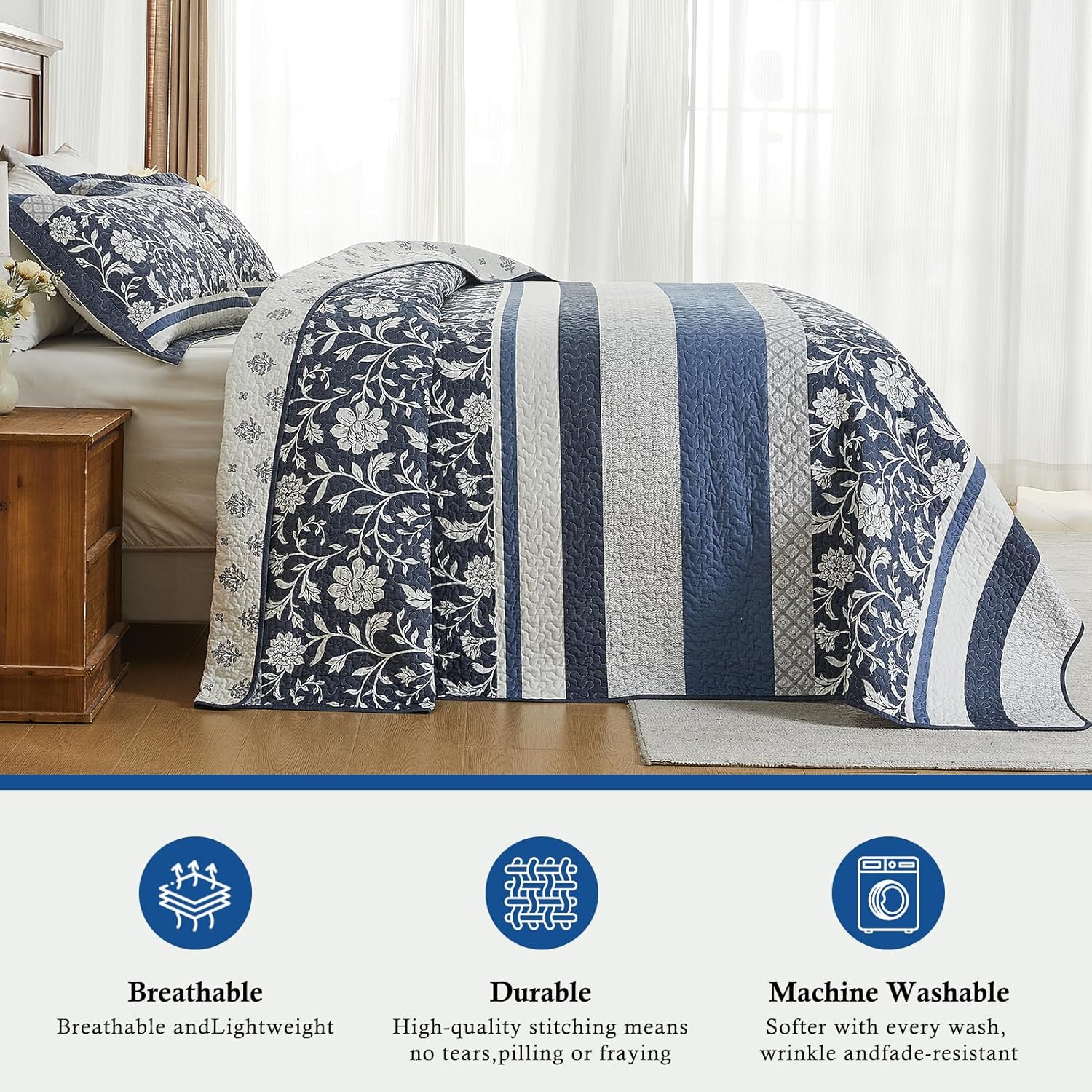 100% Cotton Oversized King Size Bedspread 120"x120" - Farmhouse Lightweight Cal Quilt with 2 Pillowshams, Reversible Floral Striped Quilted Bedding Coverlet Set, 3 Pcs, Navy/White/Grey