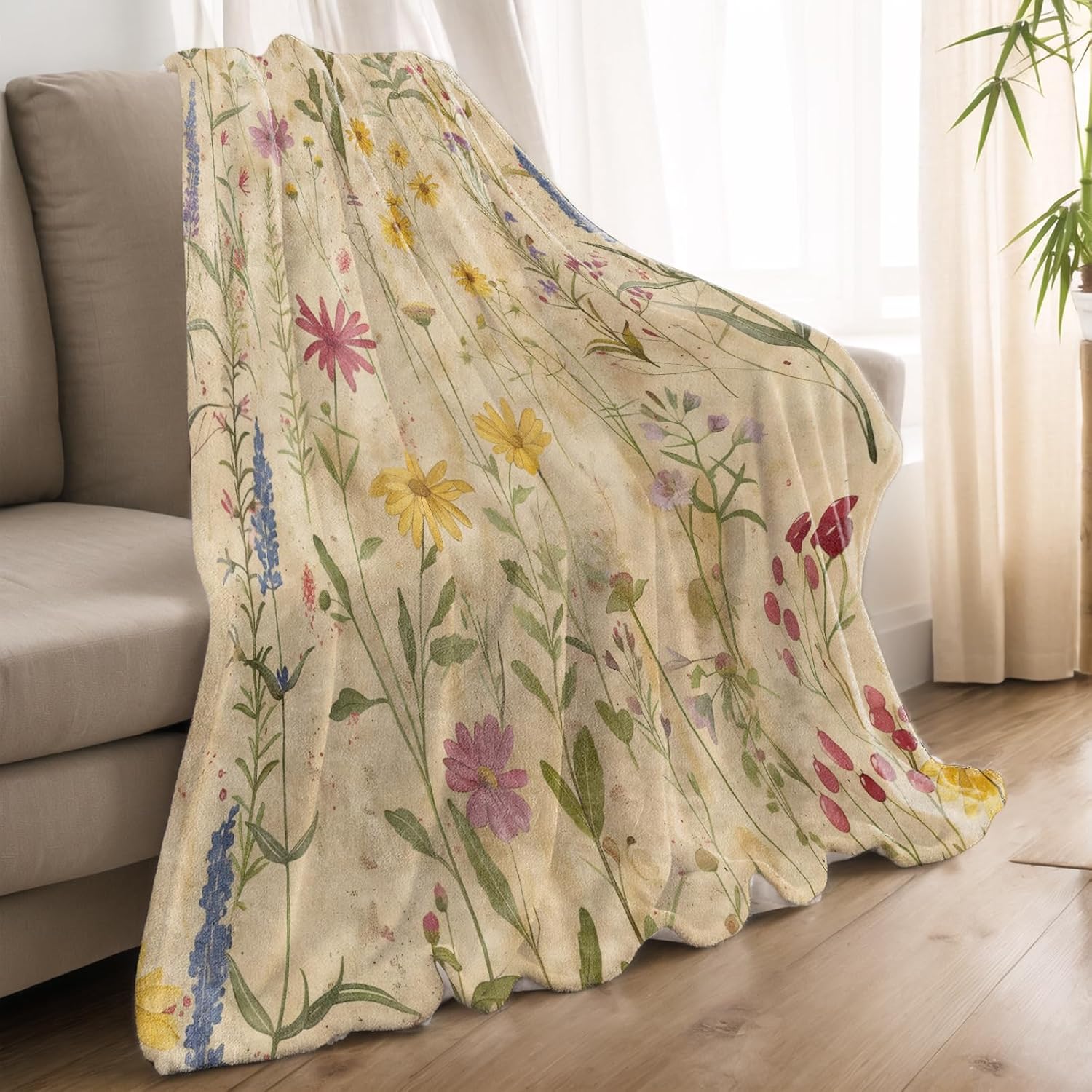 Wildflower Blanket Lightweight Blankets Gifts for Women Flannel Throw with Colorful Floral on Beige Background Printed for Sofa, Bed, Travel, Picnic, Office, Rustic Decor Throws 60x50 Inch - Image 2