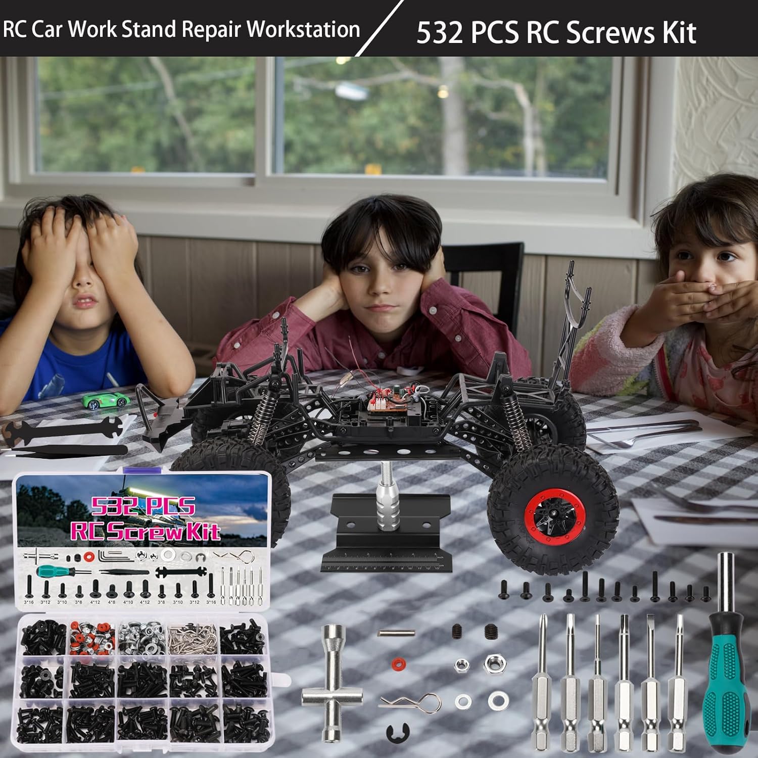 RC Car Repair Work Stand 532 PCS RC Repair Tool Screws Set Kit 360 Degree Rotation RC Repair Station Screwdrivers Screws Pallet Kit for 1/8 1/10 1/12 1/16 1/18 RC Crawler Truck Buggy Tool Set