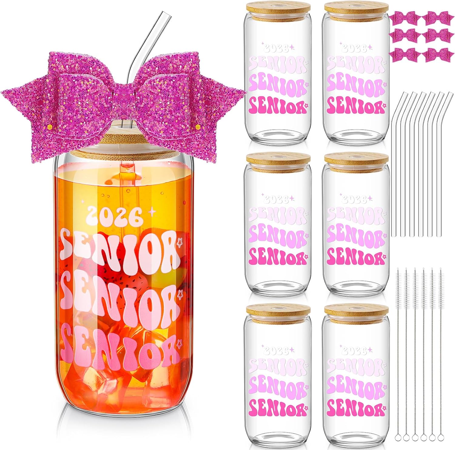 Hushee 6 Set Class of 2026 Senior Night Gifts 16 oz Glass Water Bottle with Lids Straws Glitter Bow Straw Topper Senior 2026 Tumbler Graduation Gift for Her Women Team Coach Player (Pink)