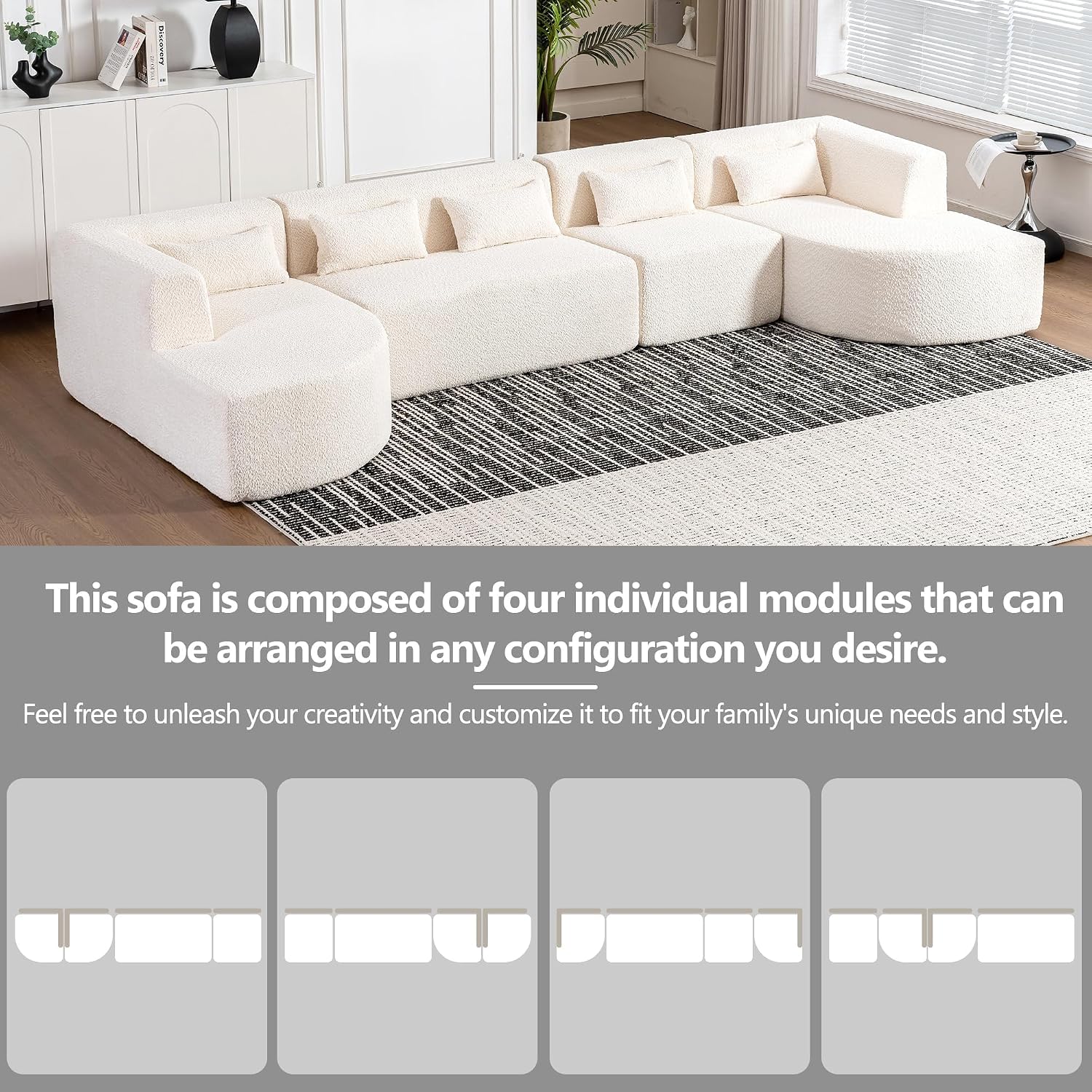 144" Modular Sectional Couch, 5-Seat Cloud Sofa, Compression Sofa with Two Chaise Lounge and 5 Back Pillows, Boucle Fabric, No Assembly Required, Ideal for Living Room or Apartment, Beige