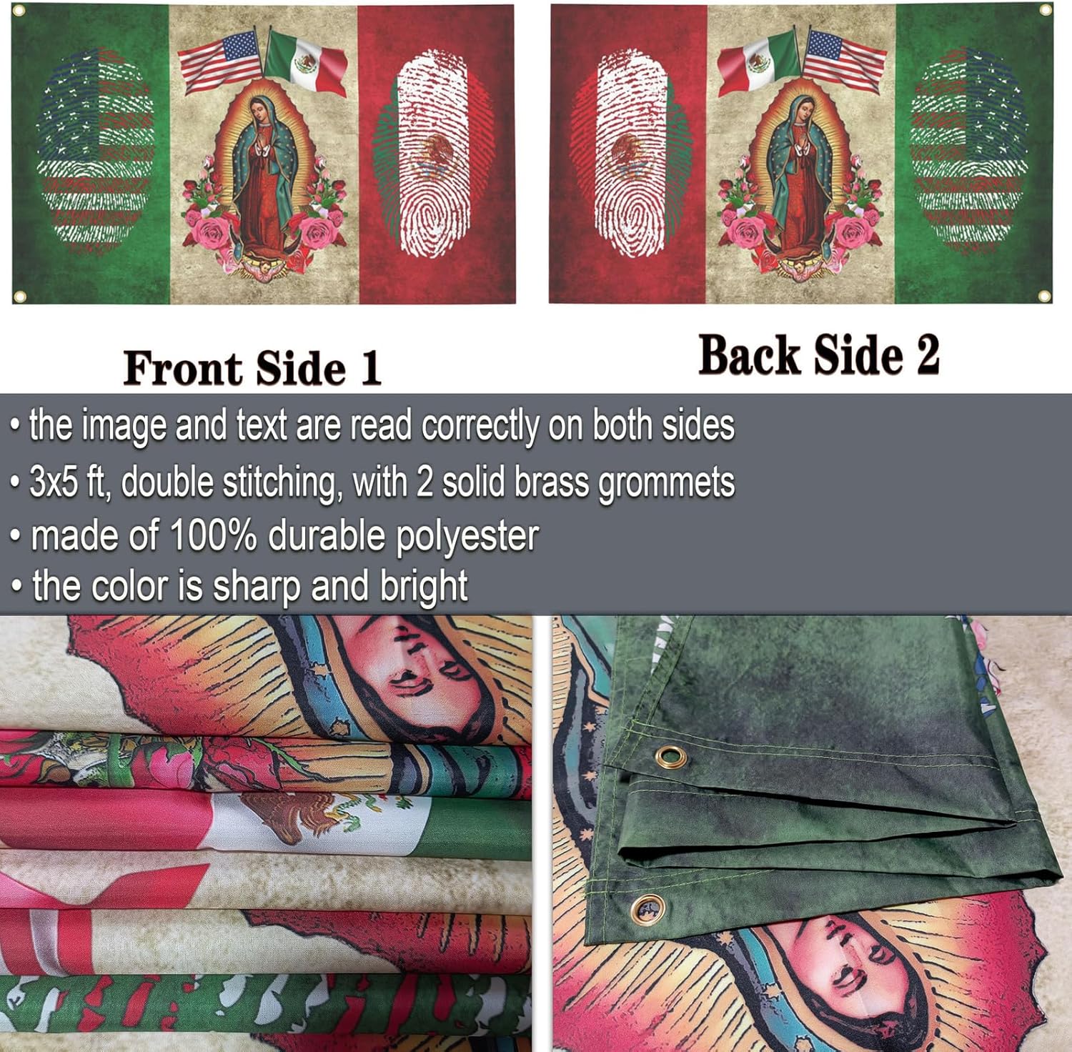 Mexico Flag - Double Sided USA Friendship Flag With Virgin Mary - 3x5 Outdoor Mexican American Patriotic House Yard Decoration Banner - Image 3
