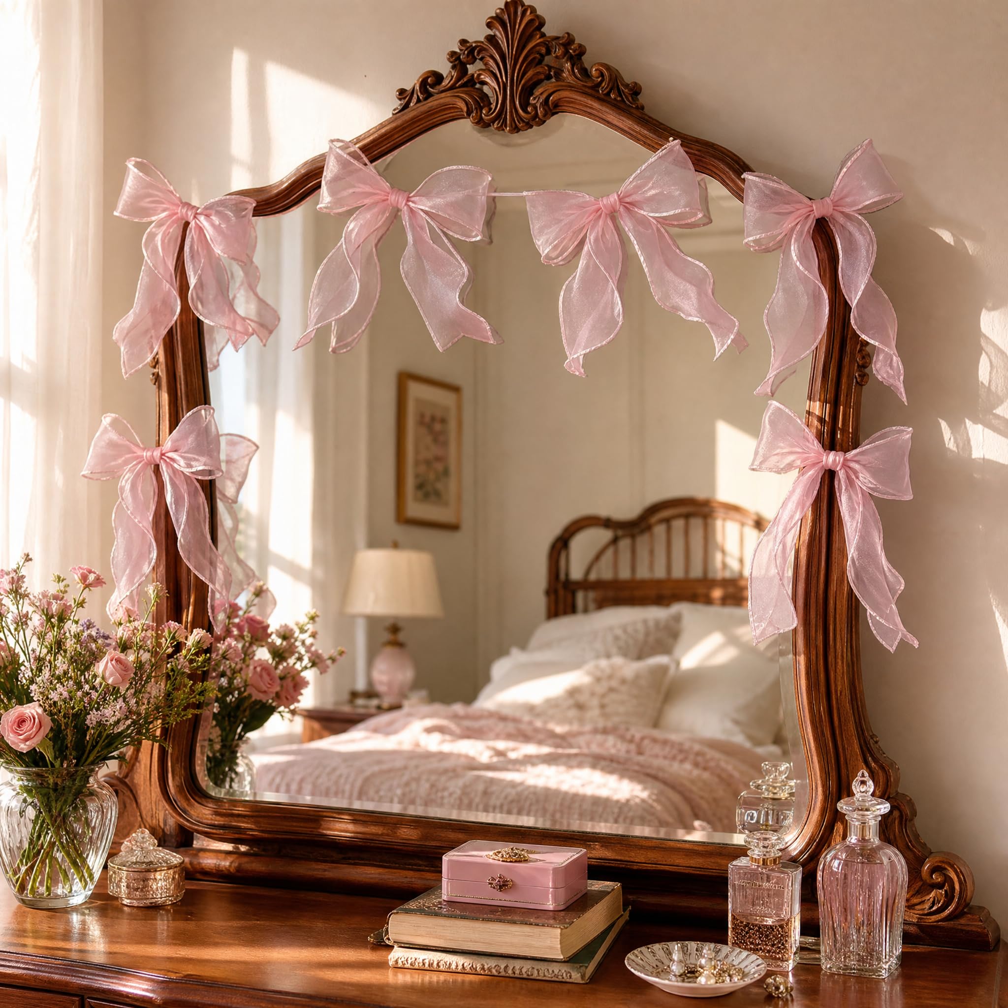 QIANSSE Pink Bow Banner 2m Tulle Garland with 24 Bows
