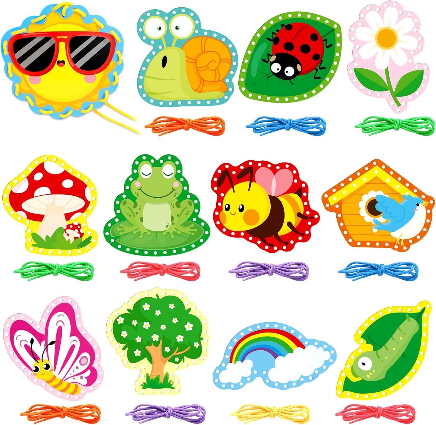 Springtime Lacing Cards for Kids 12 Packs Sewing Kits Rainbow Flower Butterfly Cardboard Sewing Cards Lacing Games for Developing Imagination School Learning Activity Supplies Spring Decorations