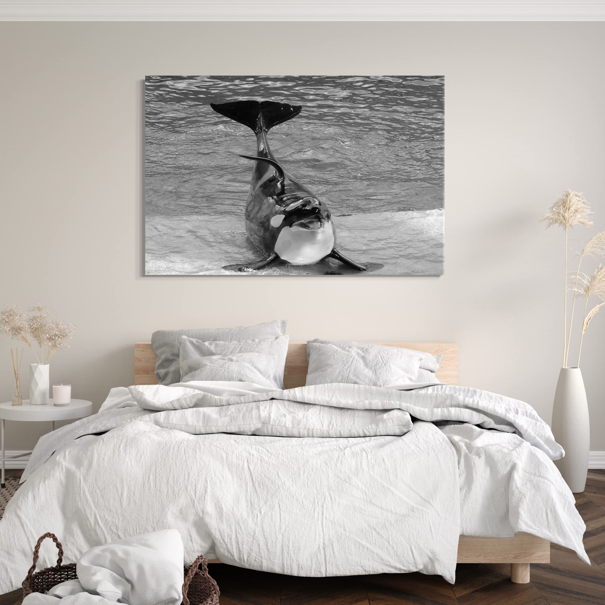 Printistico Stampa su Tela (120x80 cm) Orca assassina, mare sottomarino, sorriso dolce, bianco e nero, foto di animali, fotografia naturalistica, telaio in vero legno con gancio