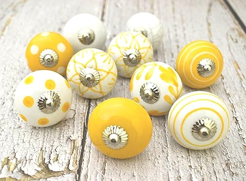 Miniatura 2 de Hermosos pomos de cerámica amarilla y blanca para gabinetes de cocina, perillas para cajones, perillas hechas a mano, pomos de gabinete de cerámica,