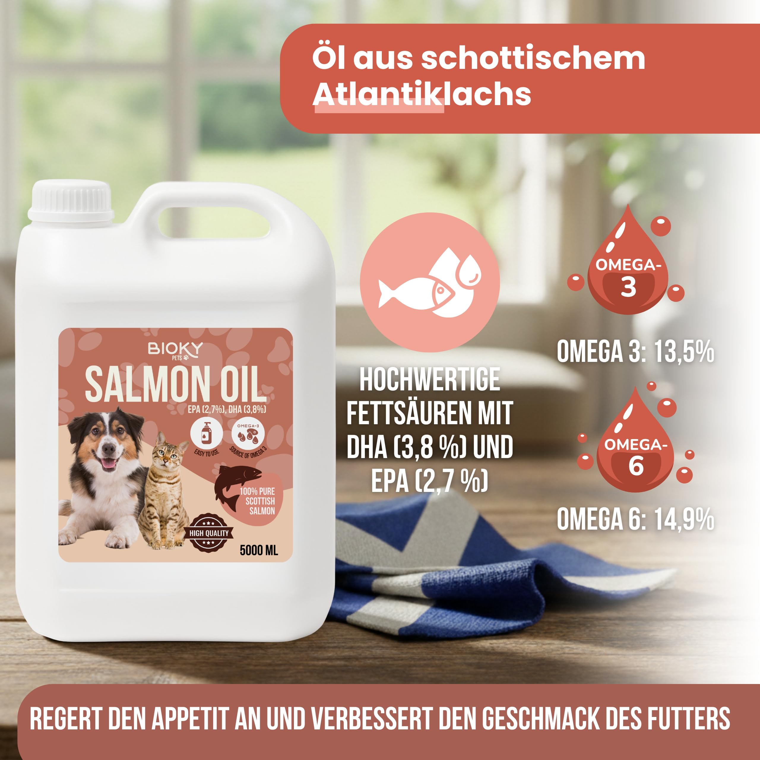 Lachsöl: Hunde und Katzen, 5 l, Quelle von Omega 3 und 6, EPA und DHA, hochwertiges Nahrungsergänzungsmittel mit Fettsäuren und Vitamin E – Herkunft Schottland
