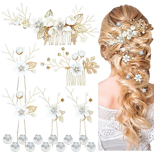 Miniatura 7 de Cinaci 18 piezas para novia, boda, fiesta, graduación, perlas, diamantes de imitación, color burdeos, flores, peines laterales,