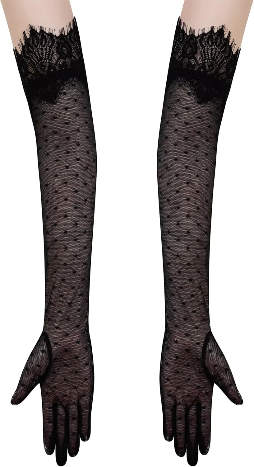 Women's Long Lace Floral Gloves Sheer Tulle Mesh Elbow Length Wedding Evening Opera Party Costume Gloves - Image 3