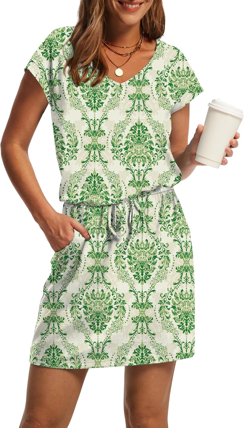 OFEEFAN Summer Dresses for Women 2026 V Neck T Shirt Casual Mini Dresses Tie Waist Sundresses with Pockets