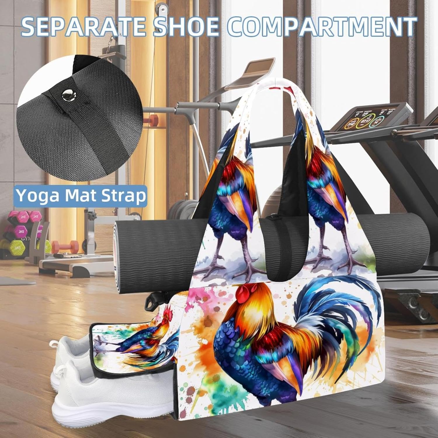Gym Bag for Women, Colorful Rooster Yoga Mat Bag with Shoe Compartment, Sport Yoga Gym Bag with Yoga Strap, Carryall Yoga Tote Bag
