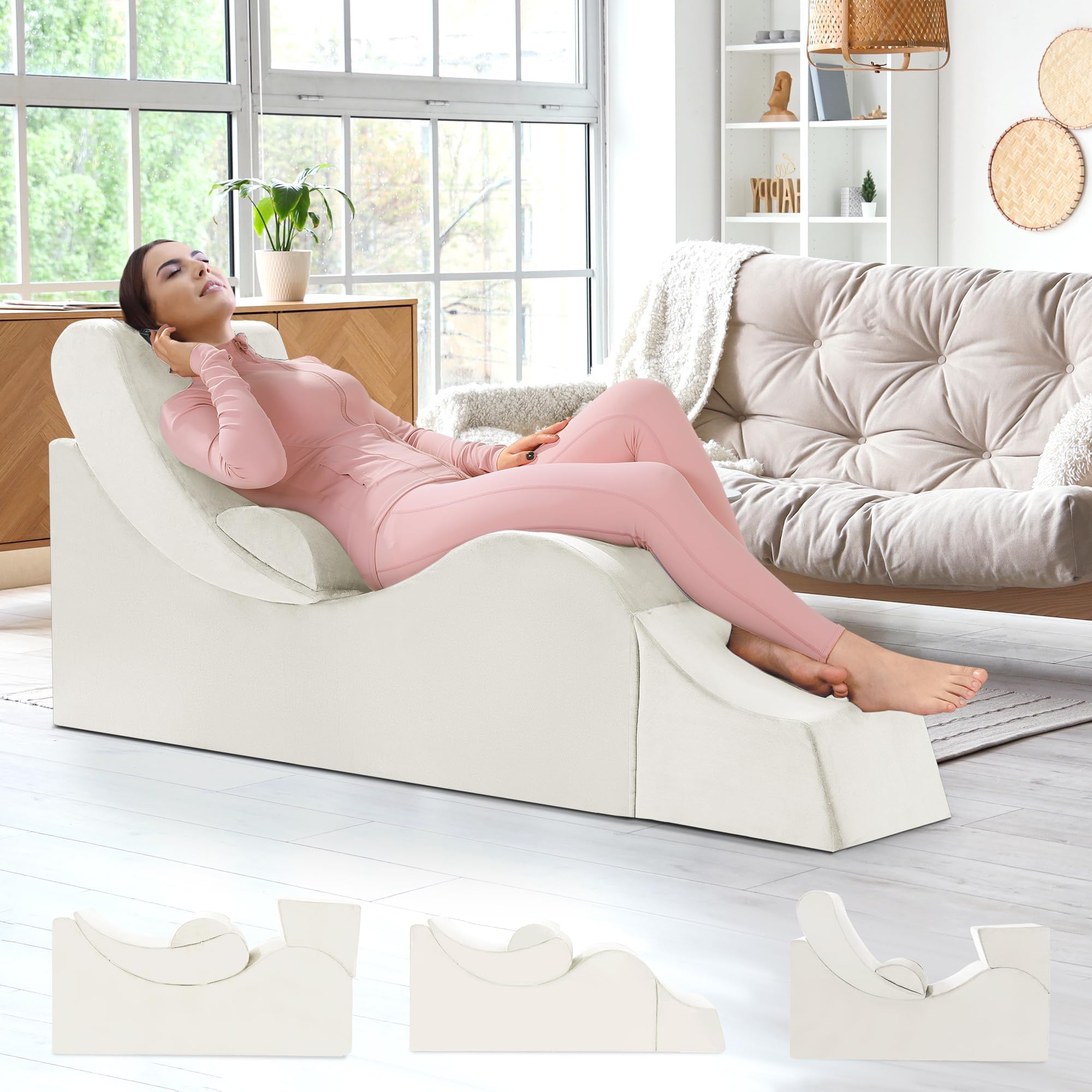 HOMBYS Yoga Chaise Lounge Indoor, Ergonomic Reading Chair for Adults, Multifunctional Foam Recliner for Living Room,Adjustable Footrests & Lumbar Support Pillow, 55"x19.7"x21.7", Cream White