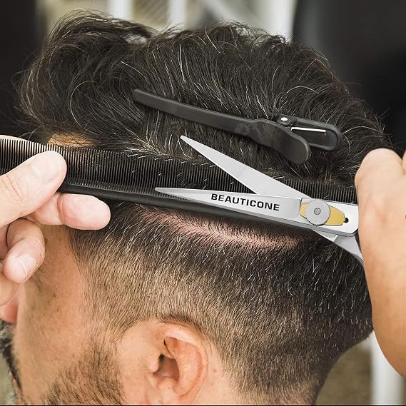 BEAUTICONE Professional Hair Cutting Scissors Barber Shears with Razor Sharp Stainless Steel Blade, Leather Pouch Included, Salon Hair Scissors for Men & Women, Silver