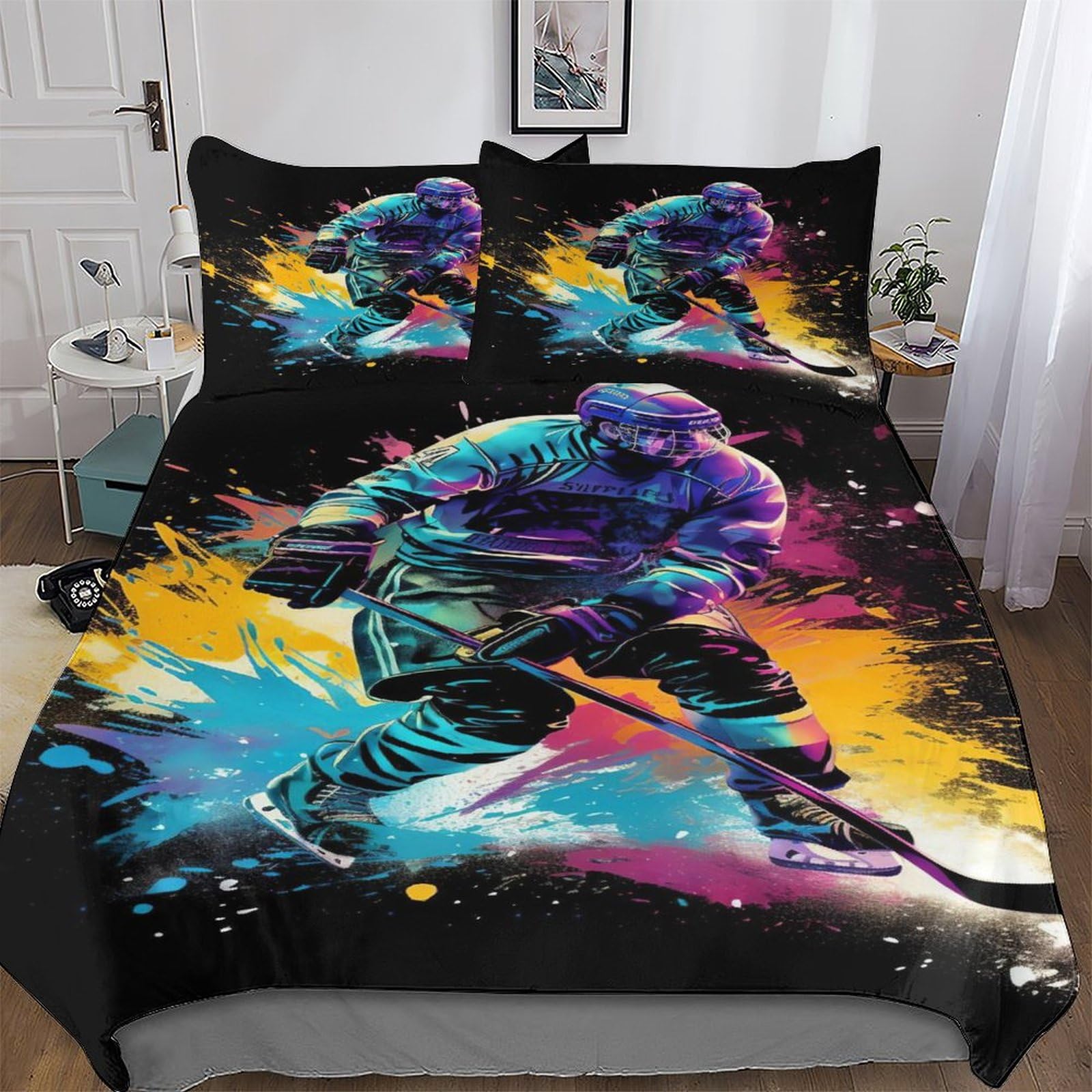 LLXXHH Ice Hockey Bedding Set Duvet Cover with Pillowcase Soft Microfiber 3D Quilt Cover 2 Pieces For Boys, Girls And Teenagers Single(135x200cm)