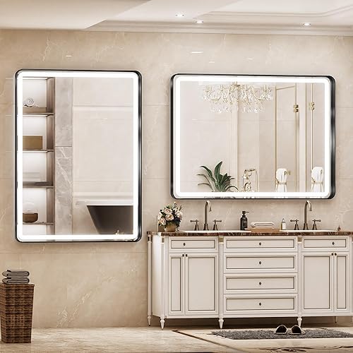 Miniatura 3 de Hasipu Espejo de baño LED de 40 × 30 con luz, marco de metal negro, espejos de baño para tocador, antiniebla, regulable, 3 colores