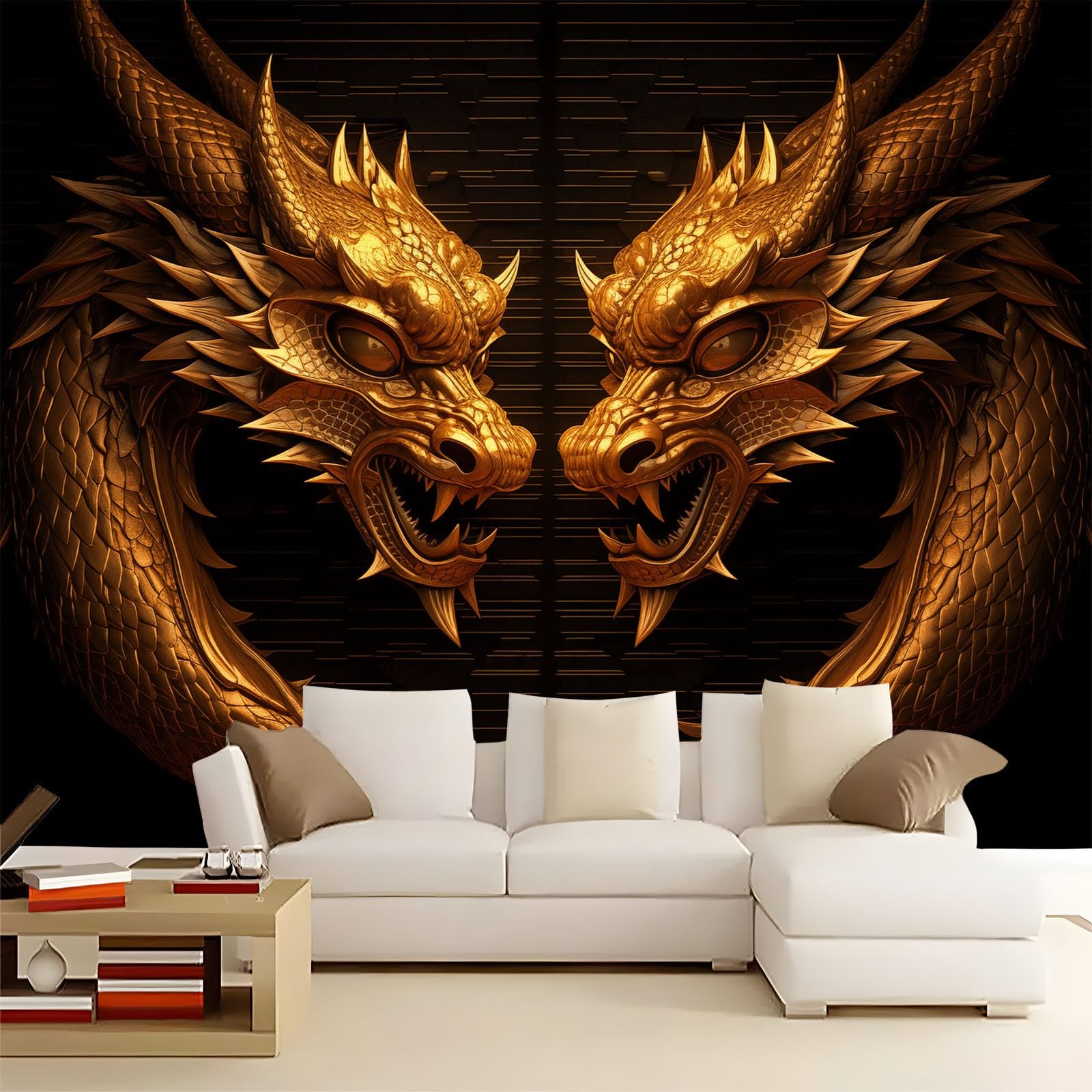 Ciemny styl fantazyjny podwójny złoty smok tapety z włókniny 250 x 175 cm dekoracyjne fototapety ścienne 3D efekt dekoracyjny salon tapeta kuchnia