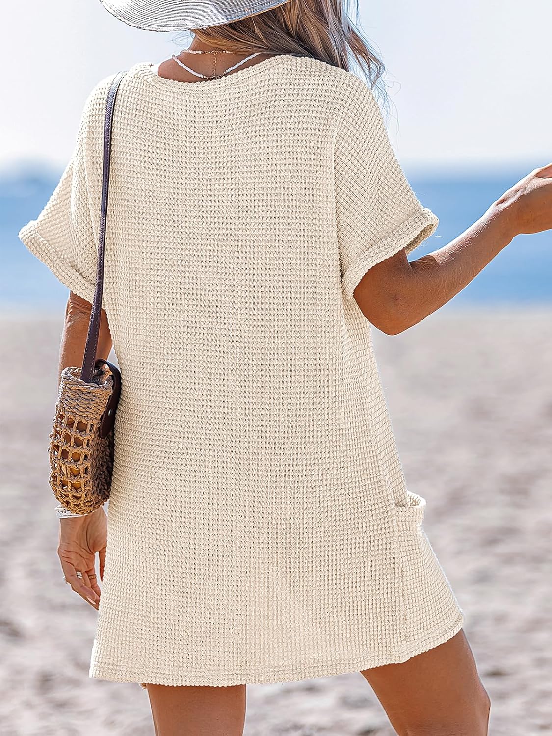 CUPSHE Swimsuit Coverup for Women Waffle Knit V Neck Short Sleeve Beach Coverup Dress with Pockets - Image 2