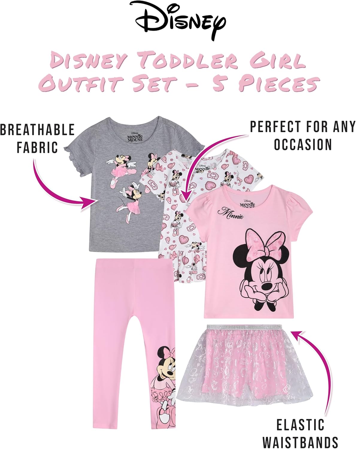 Disney Girls Skirt Set and Pants Set - 5 Piece Minnie Mouse Princess Shirts Leggings and Tutu Skirt for Toddler Girls & Kids