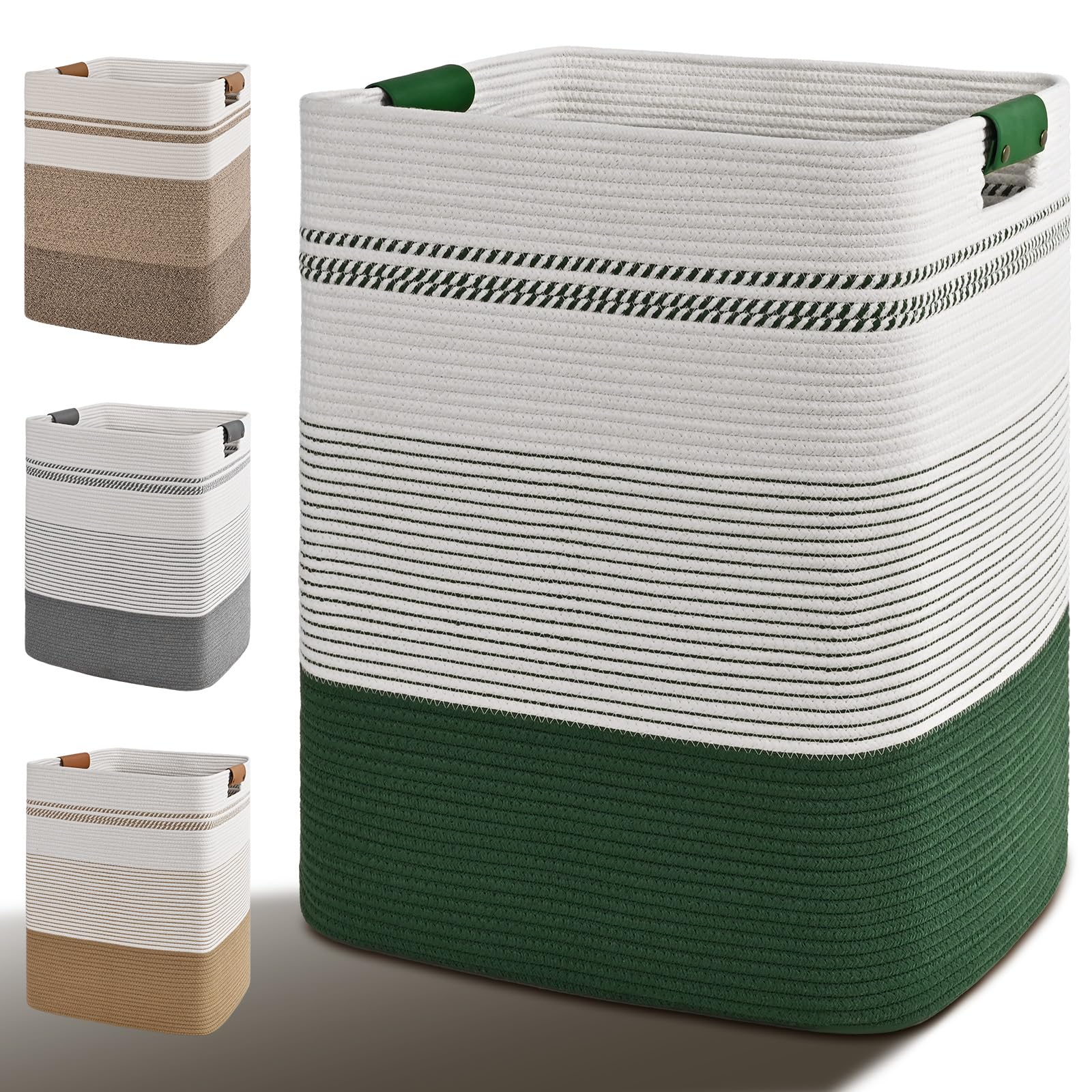 Laundry Hamper, 75L Tall Laundry Basket with Leather Handles, Rectangle Large Clothes Hamper for Organizing, Cotton Woven Laundry Baskets Storage Hampers for Bedroom, Nursery, Living Room
