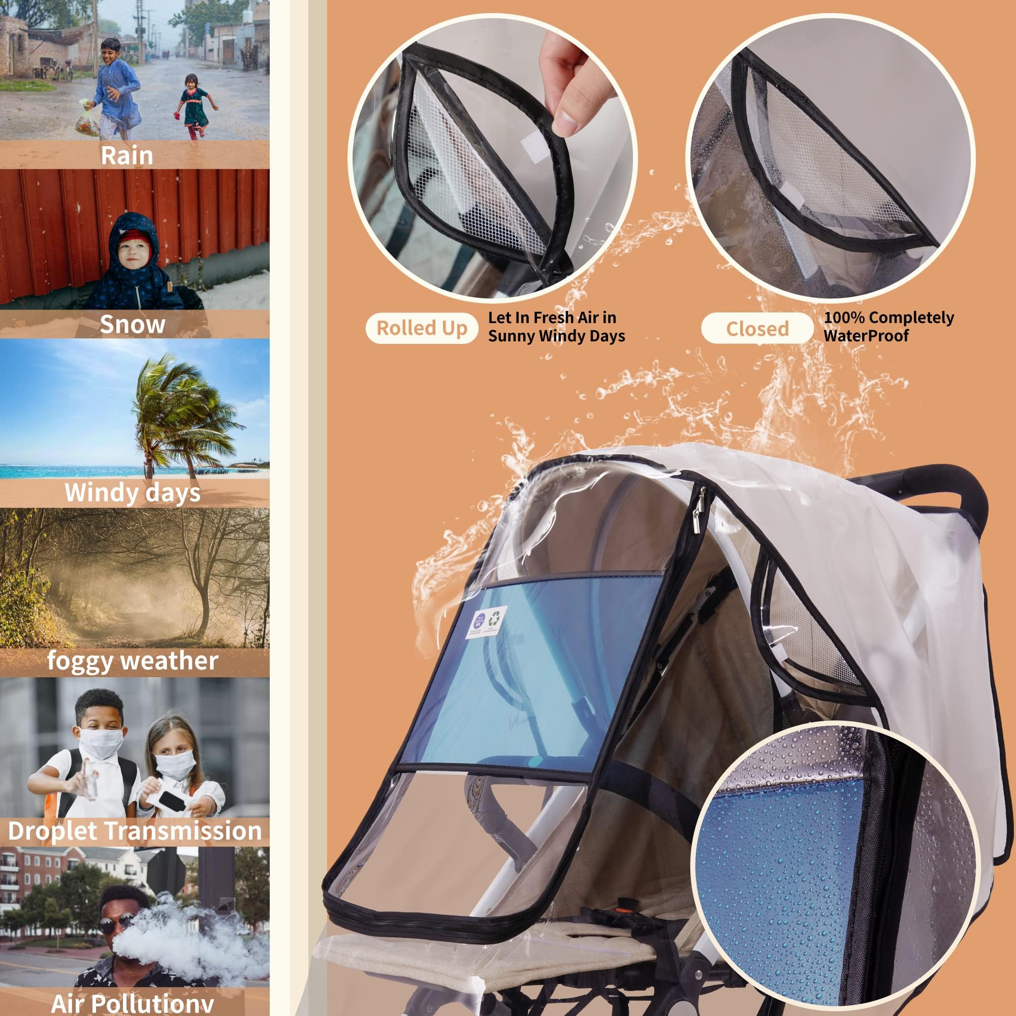 Bemece Cubierta universal para la lluvia para cochecito, protección contra el clima de viaje, resistente al viento y al agua, protege del polvo y la nieve