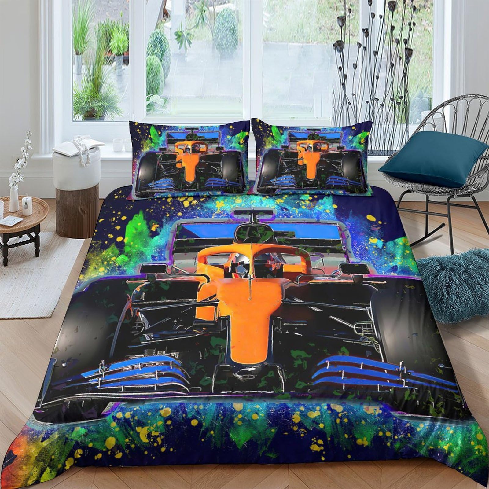 Ctjqhvkz Style-1 3D Printed Formula Racing Car Fitted Sheet Microfiber Soft Colorful Graffiti Bed Cover For Bedroom Guest Room Decor Protection Single（135X200cm）
