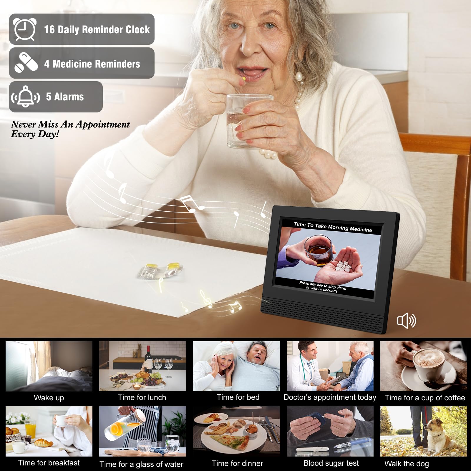 Reloj Digital con Calendario y Alarma, Pantalla HD de 7" de Alta Definición, Modos Múltiples con Ajuste Automático de Brillo, Fecha y Día Completo para Alzheimer, Demencia y Pérdida de Memoria (Negro)