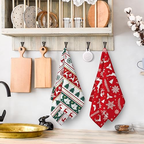 Miniatura 4 de Juego de 2 toallas de cocina de copos de nieve de ciervos para decoración navideña, toallas de cocina absorbentes, toallas de mano, paños de té,