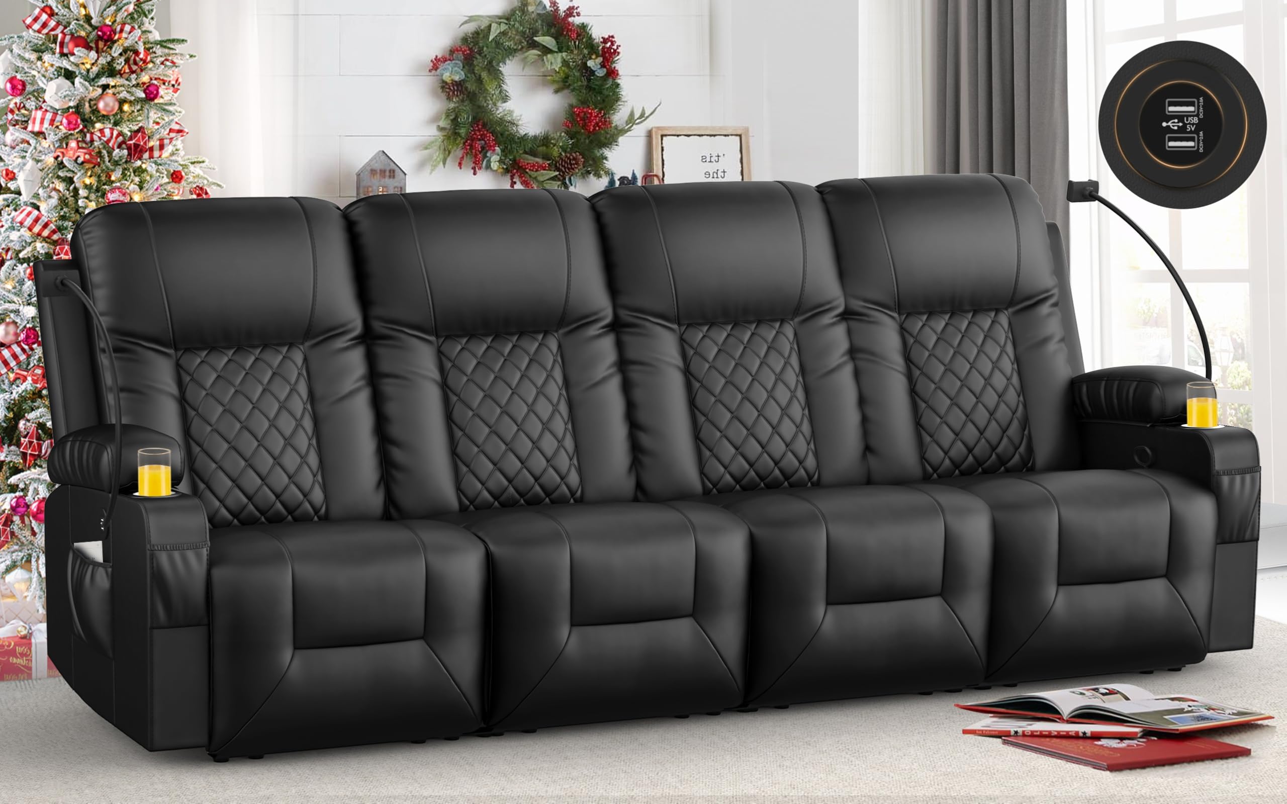 Oversized Recliner Sofa, 4 Seats Dual Reclining Sofa, PU Leather Loveseat Couch, Modern Recliner Chair for Living Room, with Cup Holder and 2 Cell Phone Holders, USB Ports, Black