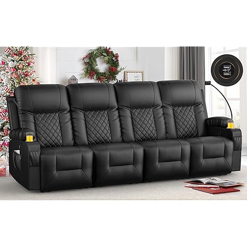 Oversized Recliner Sofa, 4 Seats Dual Reclining Sofa, PU Leather Loveseat Couch, Modern Recliner Chair for Living Room, with Cup Holder and 2 Cell Phone Holders, USB Ports, Black