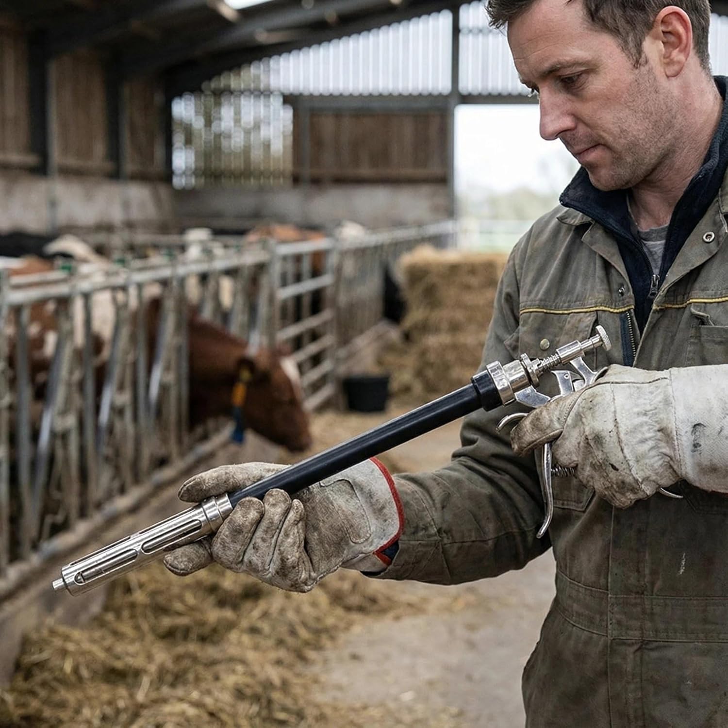 50CC Veterinary Long-Arm Continuous Livestock Syringe Gun, 81cm (31.9-Inch), 1-5mL Adjustable, Luer Lock, Heavy-Duty Metal, for Large and Medium Livestock Vaccinations