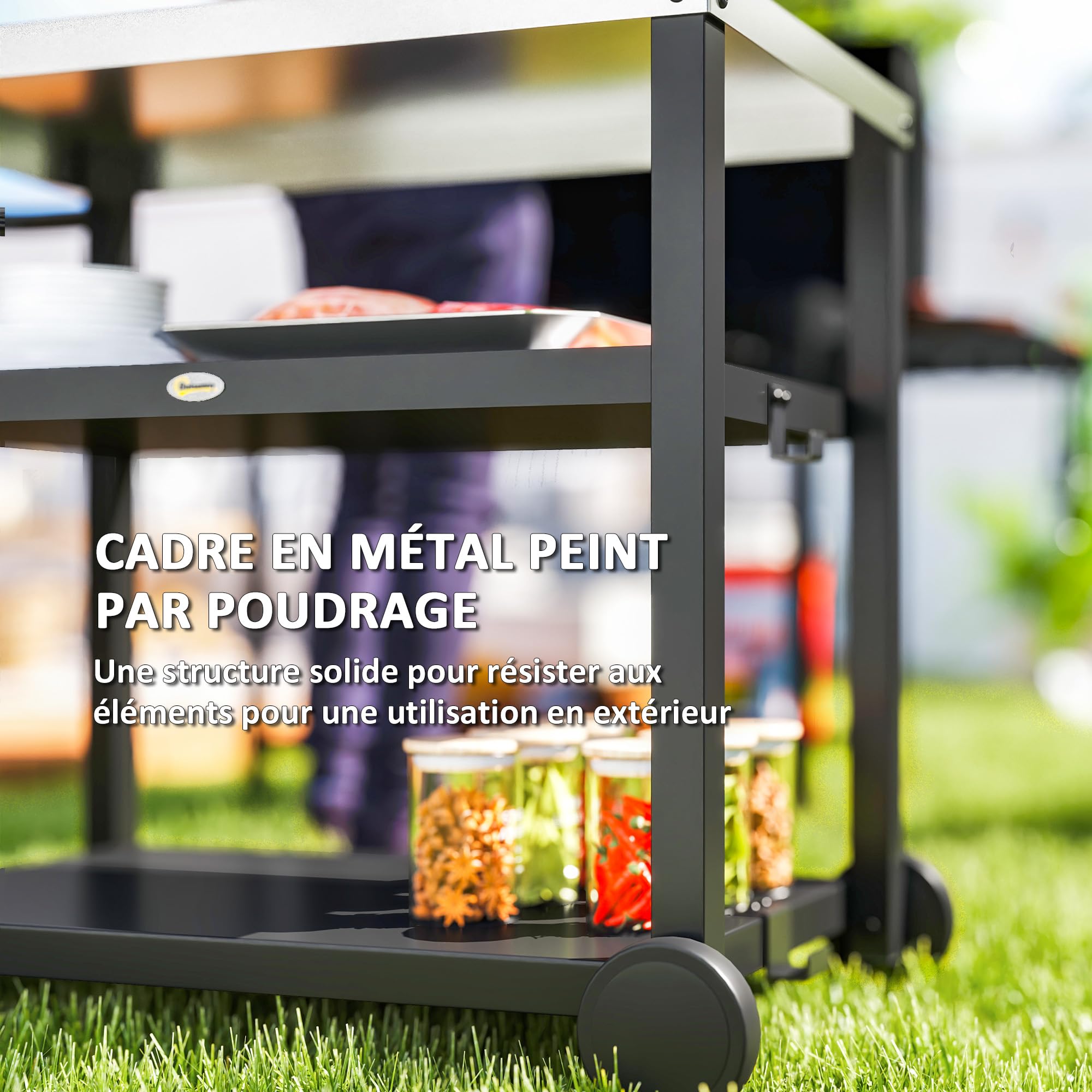 Outsunny Desserte plancha extérieure avec plan de travail en acier inoxydable, chariot de barbecue avec étagères, desserte de jardin avec crochets, porte-serviettes, 2 roues, 102x50x81cm, gris charbon