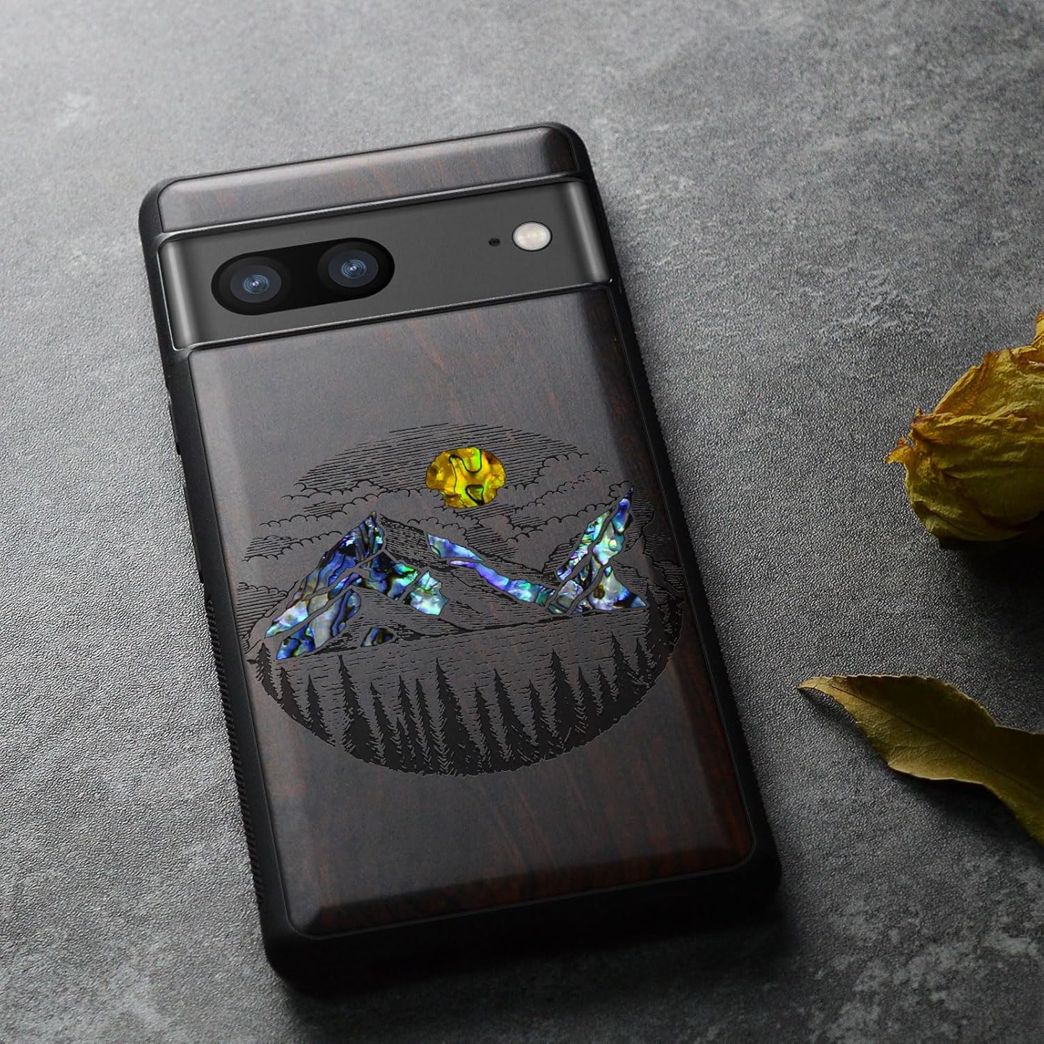 Carveit Designer Wooden Case for Google Pixel 8 Case Protective Cover [Wood Engraving & Shell Inlay] Compatible with Wireless Chargers Pixel 8 (Alpine Lakes-Blackwood)