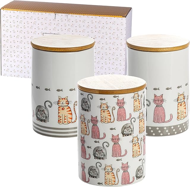 SPOTTED DOG GIFT COMPANY Canister Set for the Kitchen, 3 Ceramic Storage Jars Airtight with Lids for Tea Coffee Sugar, Animal Cat Themed Gifts for Cat Lovers