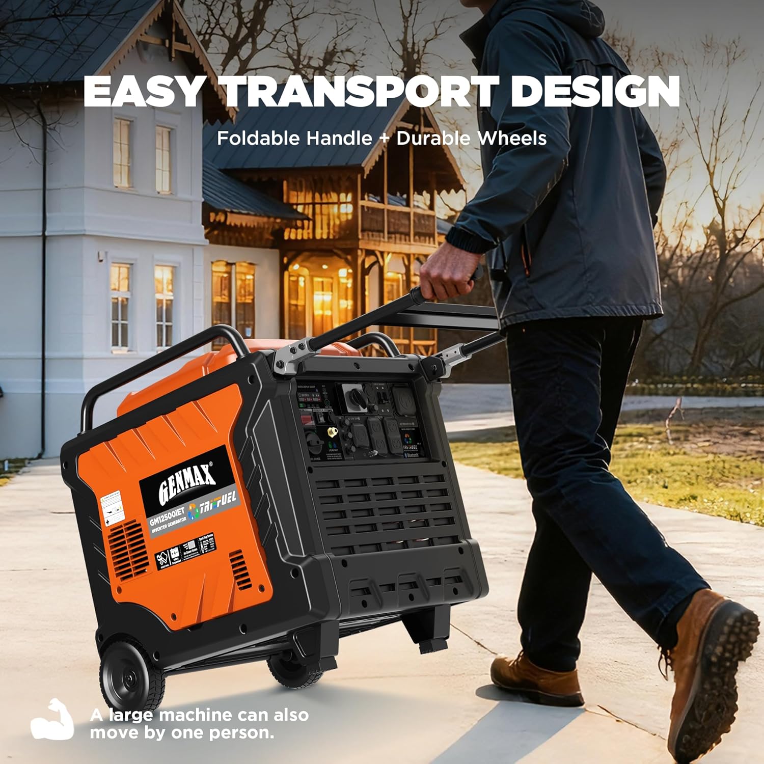 Person pulling the GENMAX GM12500iET generator using its foldable handle and durable wheels