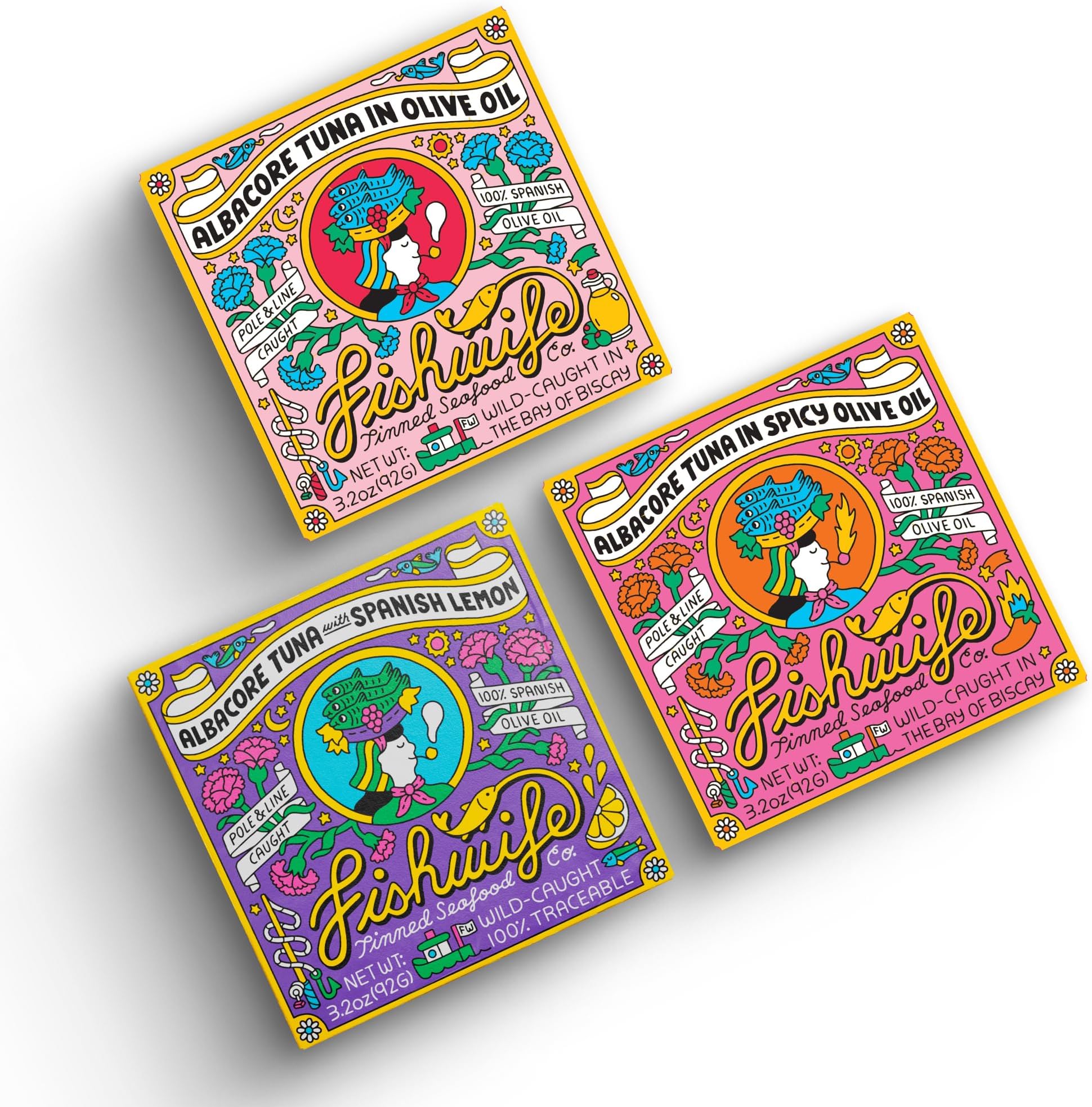 Fishwife Albacore Tuna Trio 3-Pack (with Lemon, Spicy & Spanish Olive Oil) | Wild-Caught & Hand-Packed | MSC-Certified Sustainable Seafood, Gluten Free, High Protein, Omega-3s