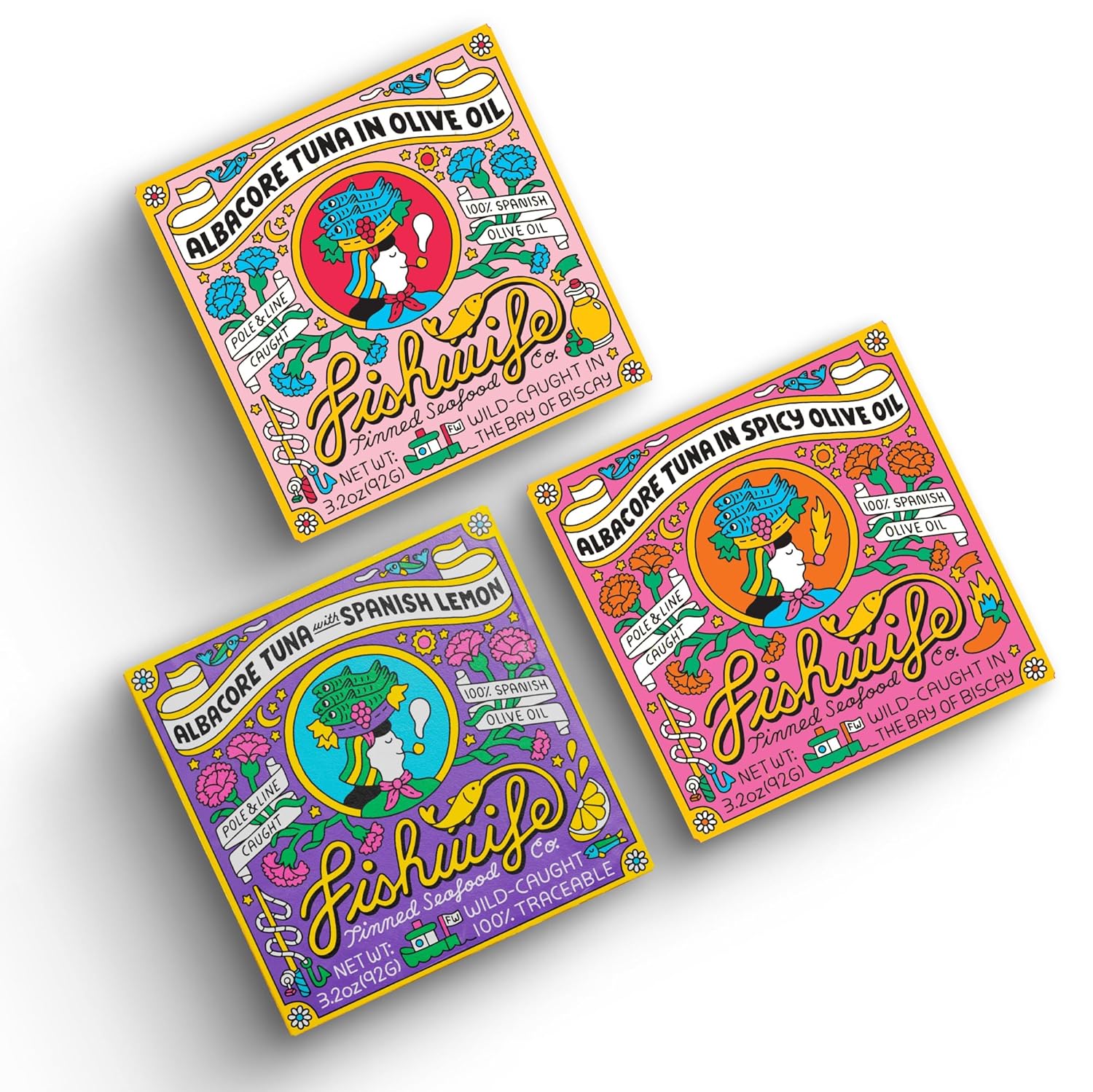 Fishwife Albacore Tuna Trio 3-Pack: Lemon, Spicy & Olive Oil | Wild-Caught, Hand-Packed, MSC Sustainable, High Protein Omega-3s