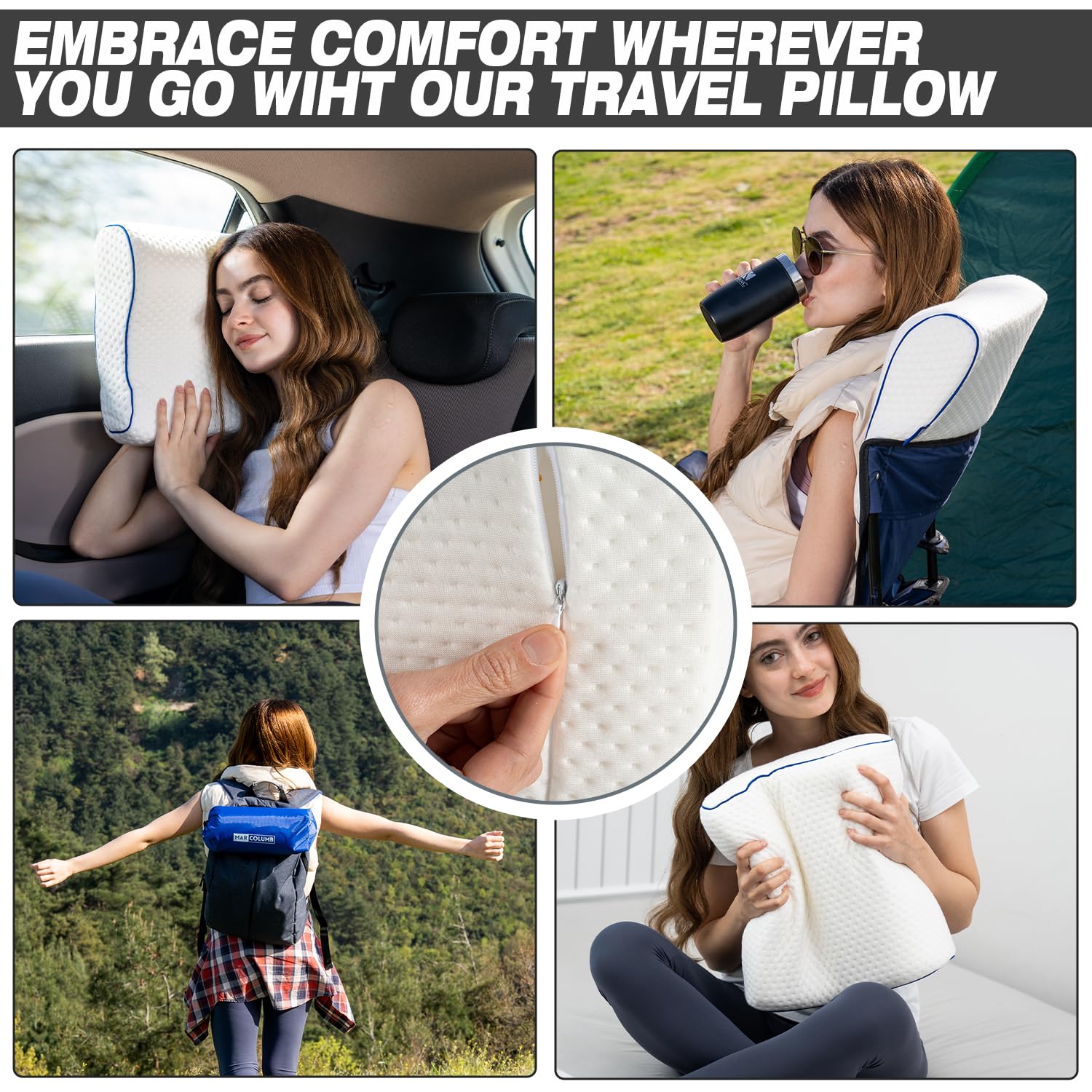 Cómoda almohada de espuma viscoelástica para viajes y camping, bolsa portátil fácil de llevar, funda de almohada reguladora de temperatura, perfecta para viajar (contorno blanco)
