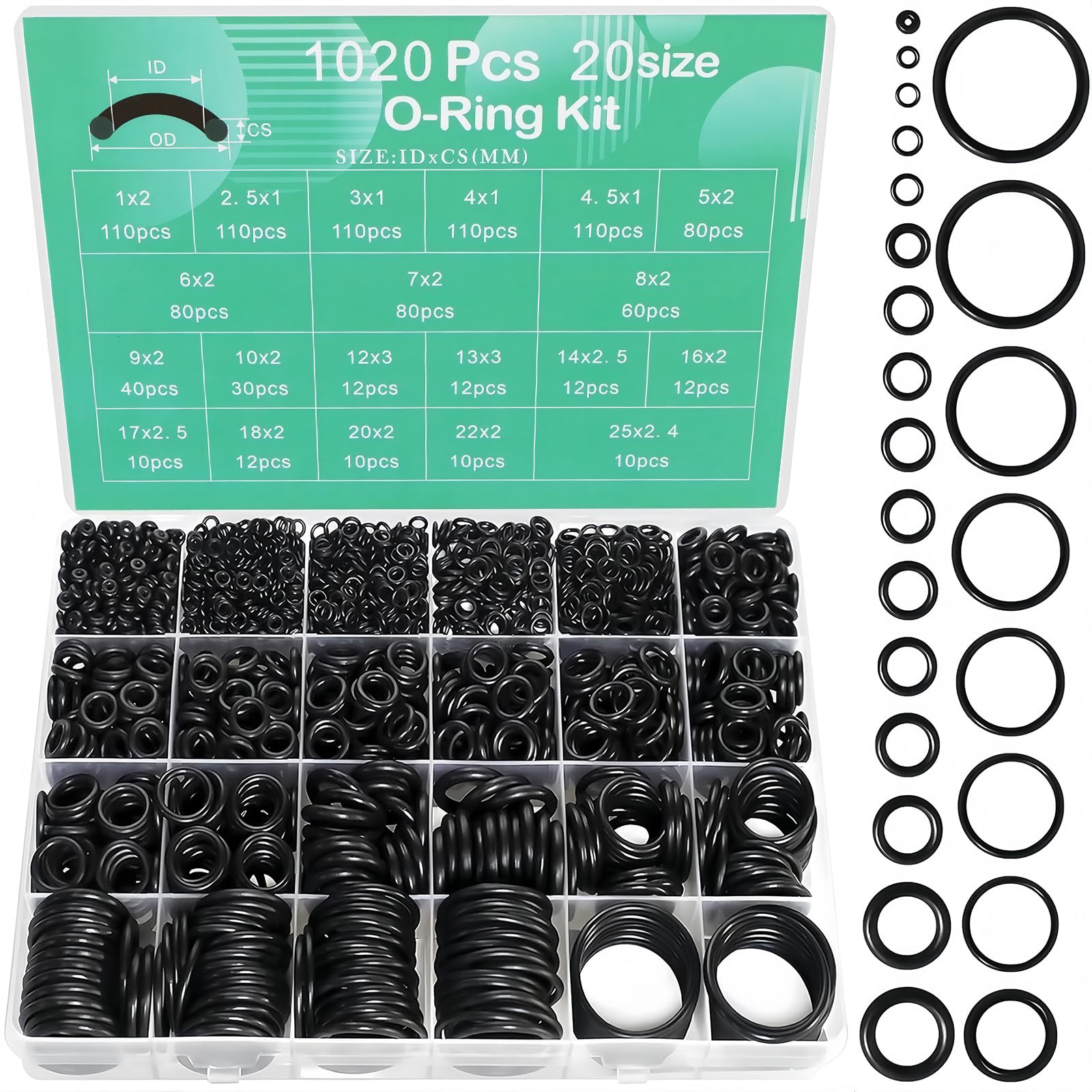1020 Pcs O Ring Kit 20 Size Nitrile Rubber O Ring Assortment Set for Car Auto Vehicle Repair Faucet Plumbing Air or Gas Sealing Connections Resist Oil and Heat-image-20