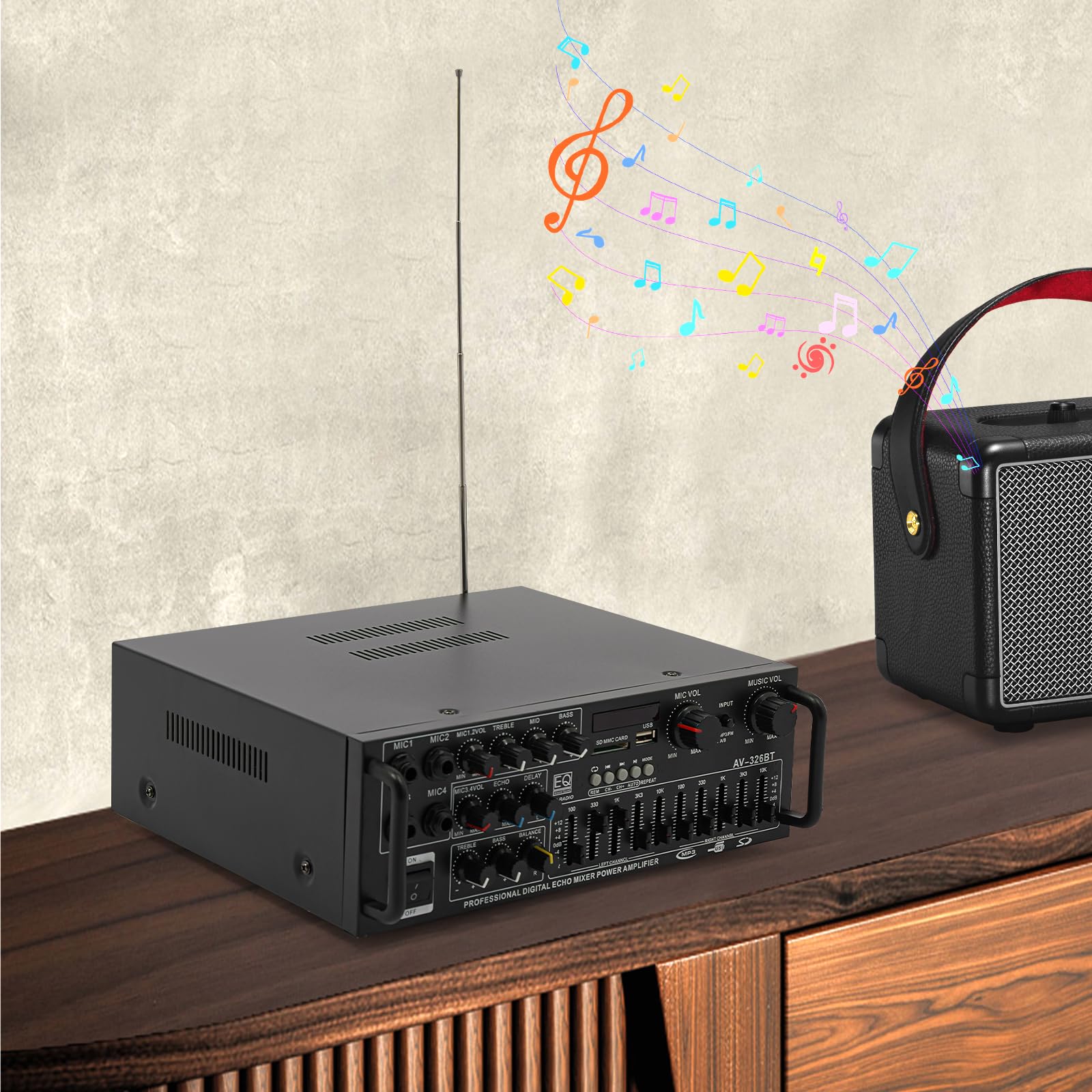 AV-326BT - Amplificatore audio stereo Bluetooth 2 x 200 W con 4 ingressi MIC, USB/SD/MP3, ricevitore ad alta fedeltà per home cinema e karaoke