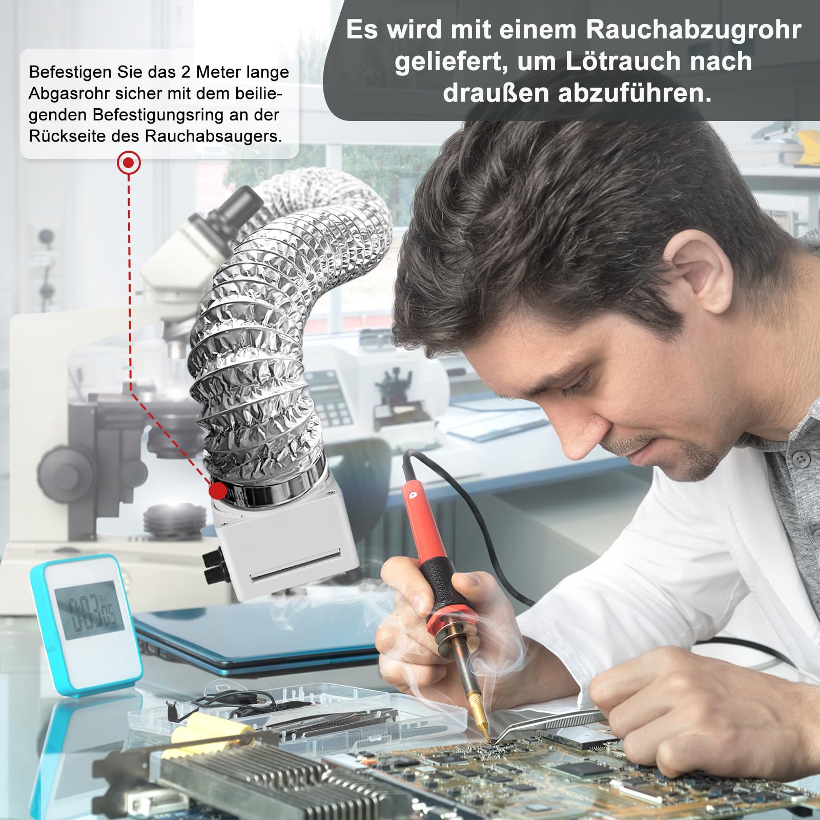 Treedix Lötrauchabsorber, Lötdampf-Absaugventilator mit Dimmbarem LED-Licht und Saugkraft, 15 Aktivkohlefilter für Löten, Schweißen, Holzverbrennung und Hartlöten(Weib)