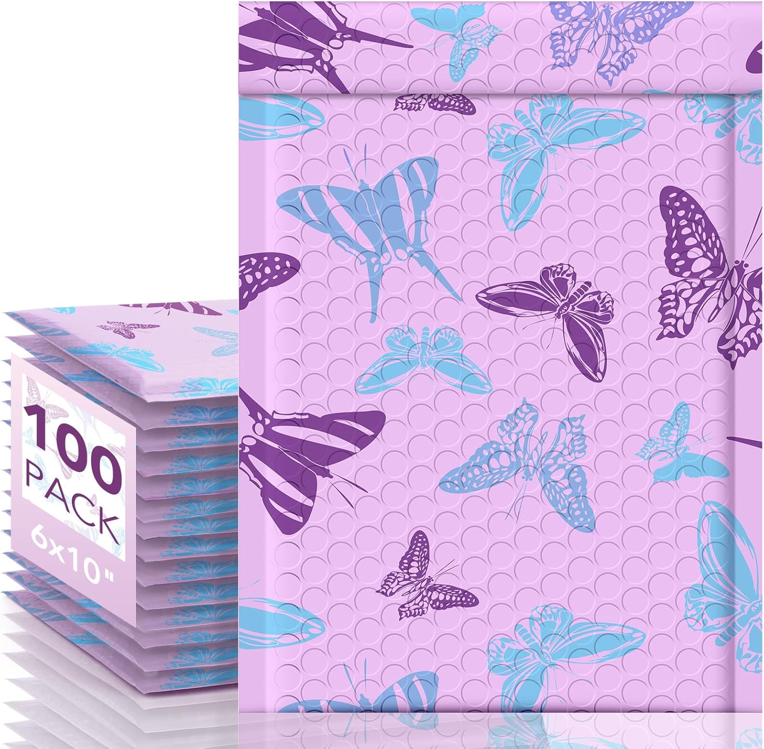Fuxury Bubble Mailers 6x10" Pinkish-Purple Padded Envelopes 100 Pack with Blue-Purple Butterfly Special Design Padded Mailers Waterproof Bubble Envelopes for small business Jewelry Makeup Supplies #0