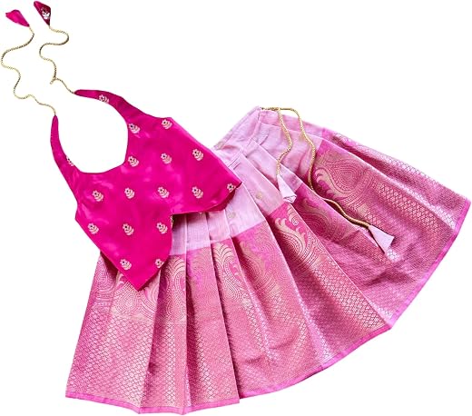 Picksparrow Baby Girls Cotton Silk Lehenga Choli Set, Ethnic Pattu pavadai Set